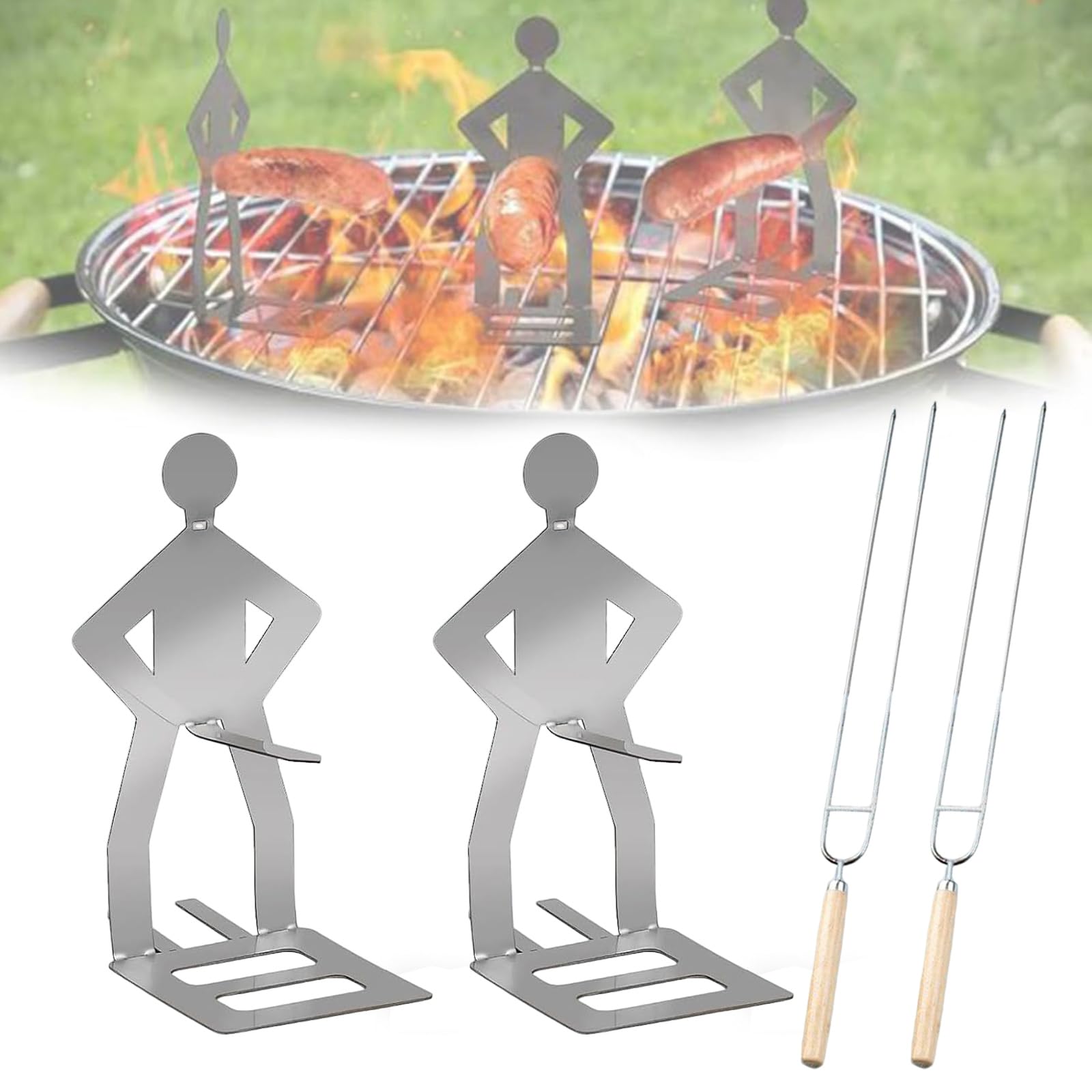2 Piezas Soporte para Salchichas de Barbacoa de Acero Inoxidable, Tenedor de Trinchar con Mango, Creativo para Barbacoa de Salchichas, Ideal para Camping Picnic al Aire Libre y Cocina
