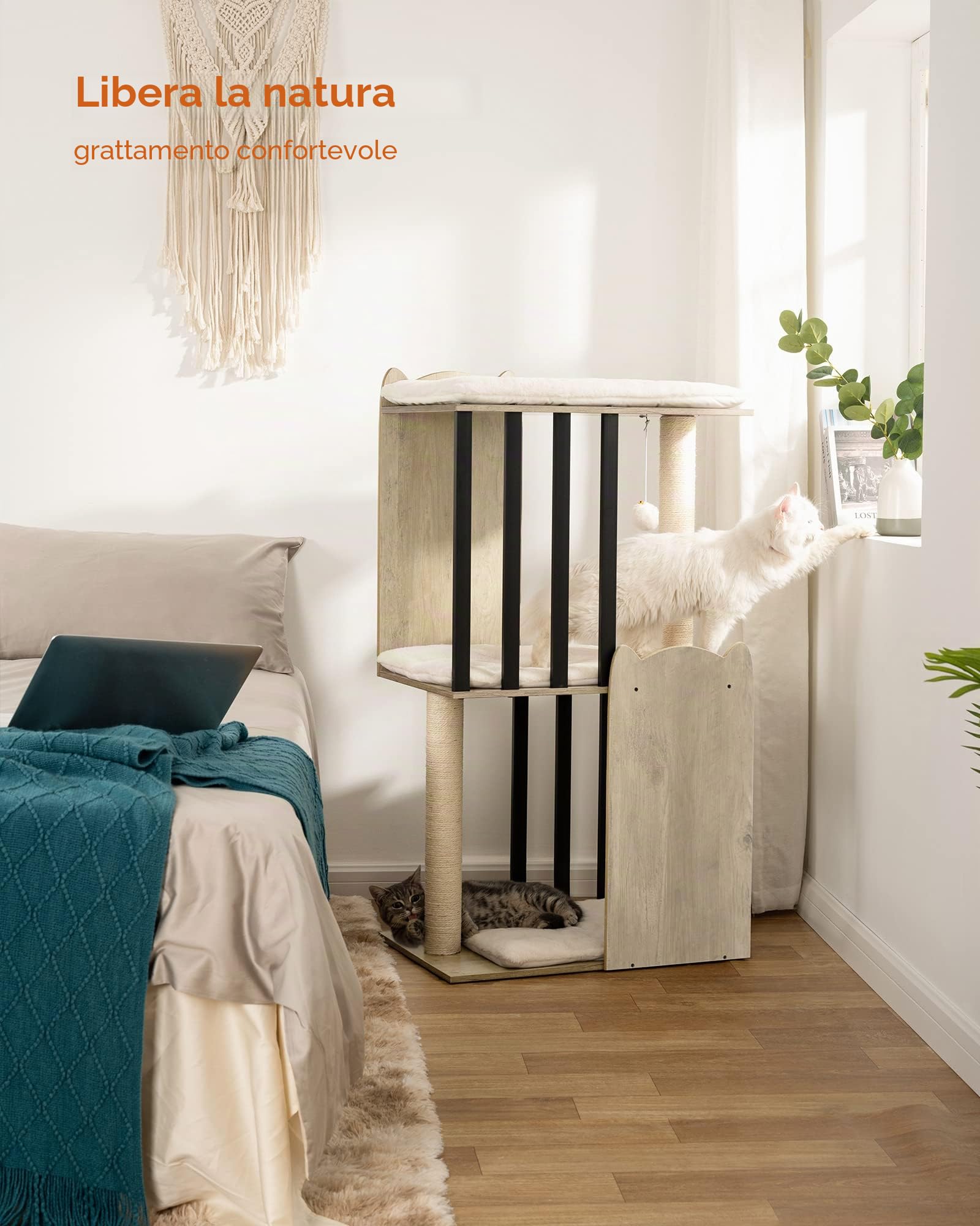 FourFurPets 3-Tier Modern Albero per Gatti Alto 111 cm, Tiragraffi per Gatti, con 2 Pali Graffiatoi in sisal, 3 Piattaforma Grande, Pompon, Greige