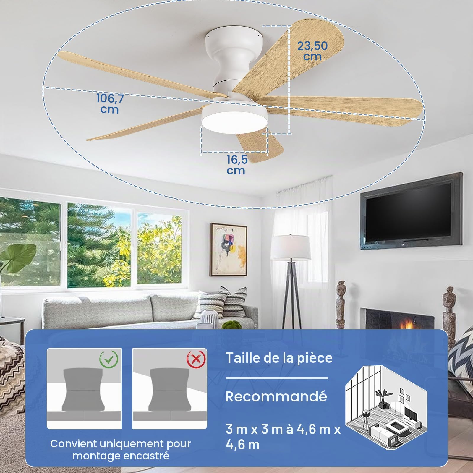 Depuley Petit ventilateur de plafond avec éclairage : ventilateur encastré de 42 pouces avec éclairage et télécommande - Ventilateurs de plafond discrets en bois réversibles pour chambre à coucher