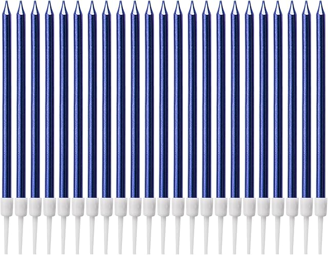 LUTER 24 Pieces Metallic Birthday Candles in Holders Blue Tall Birthday Cake Candles Long Thin Cupcake Candles for Birthday Wedding Party Decoration