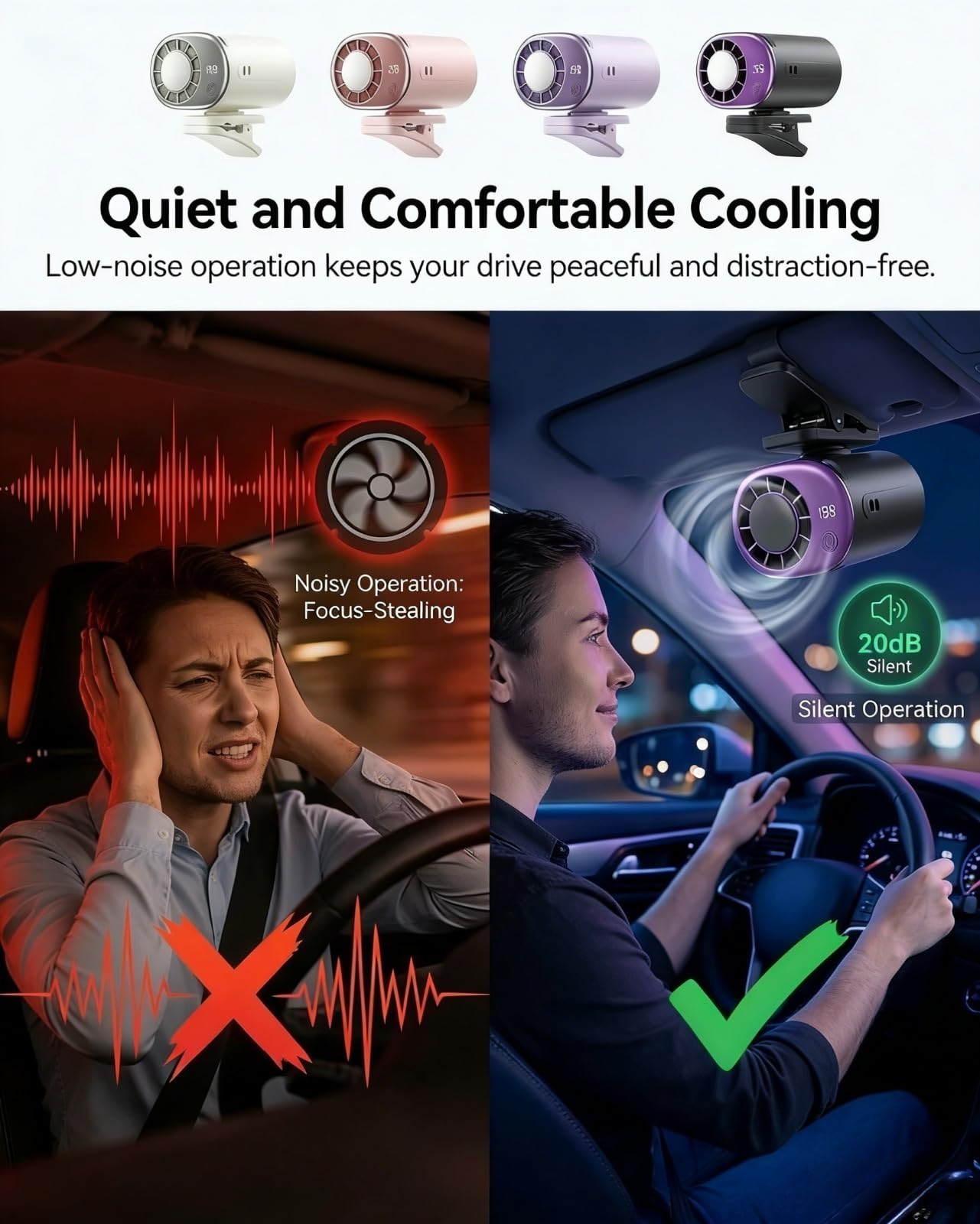 Ventola per condizionatore d'aria 2026 con clip per auto, con display a LED, mini sistema di raffreddamento portatile per auto, gadget alimentato a batteria ricaricabile tramite USB, rotazione a 360°