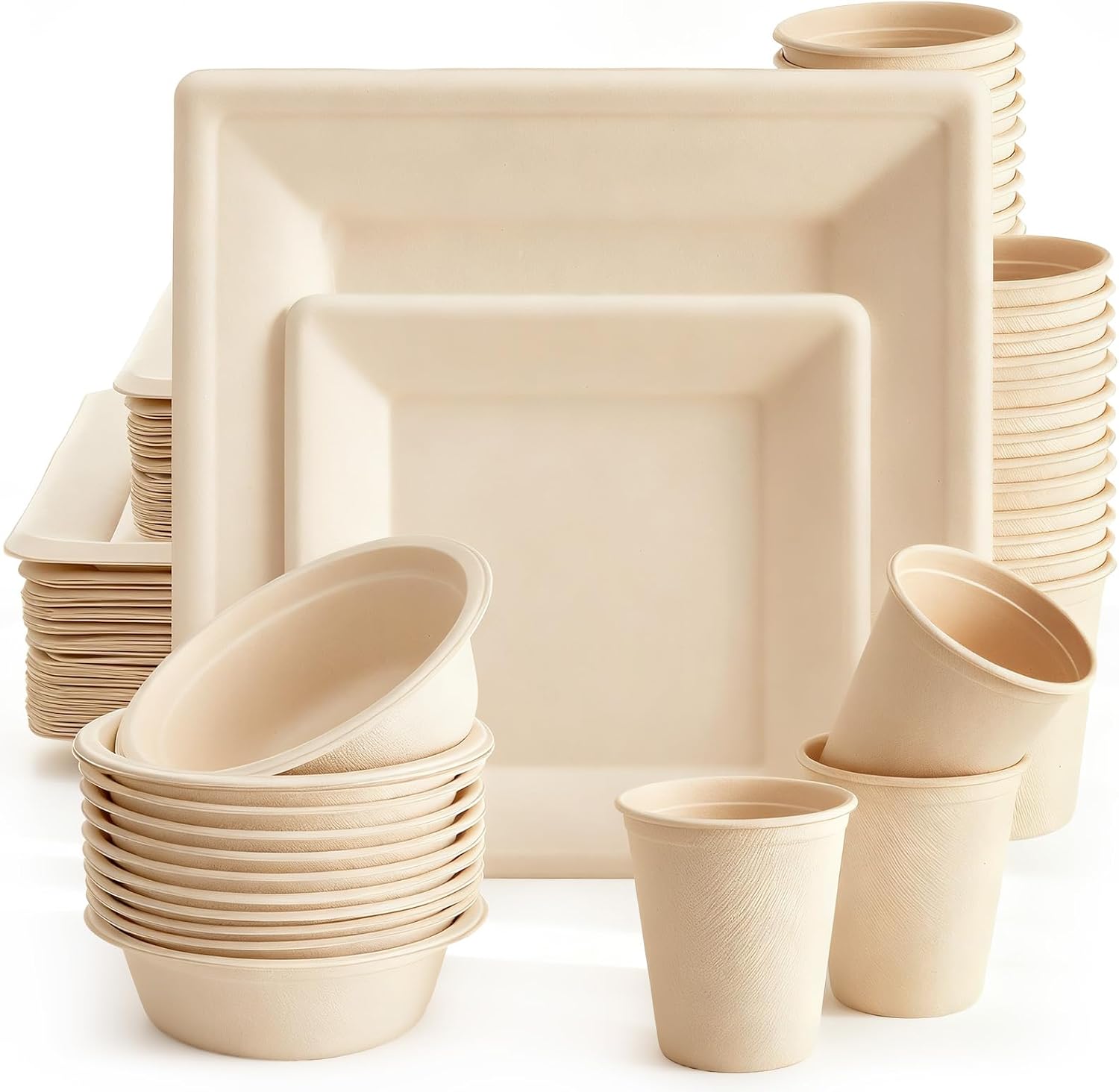 Havawish 100 Pack Compostable Paper Plates and Bowls Set, Heavy Duty Sugarcane Disposable Plates Biodegradable Cups and Paper Bowls, Party Dinner Tableware Supplies (10in+8in+12oz)