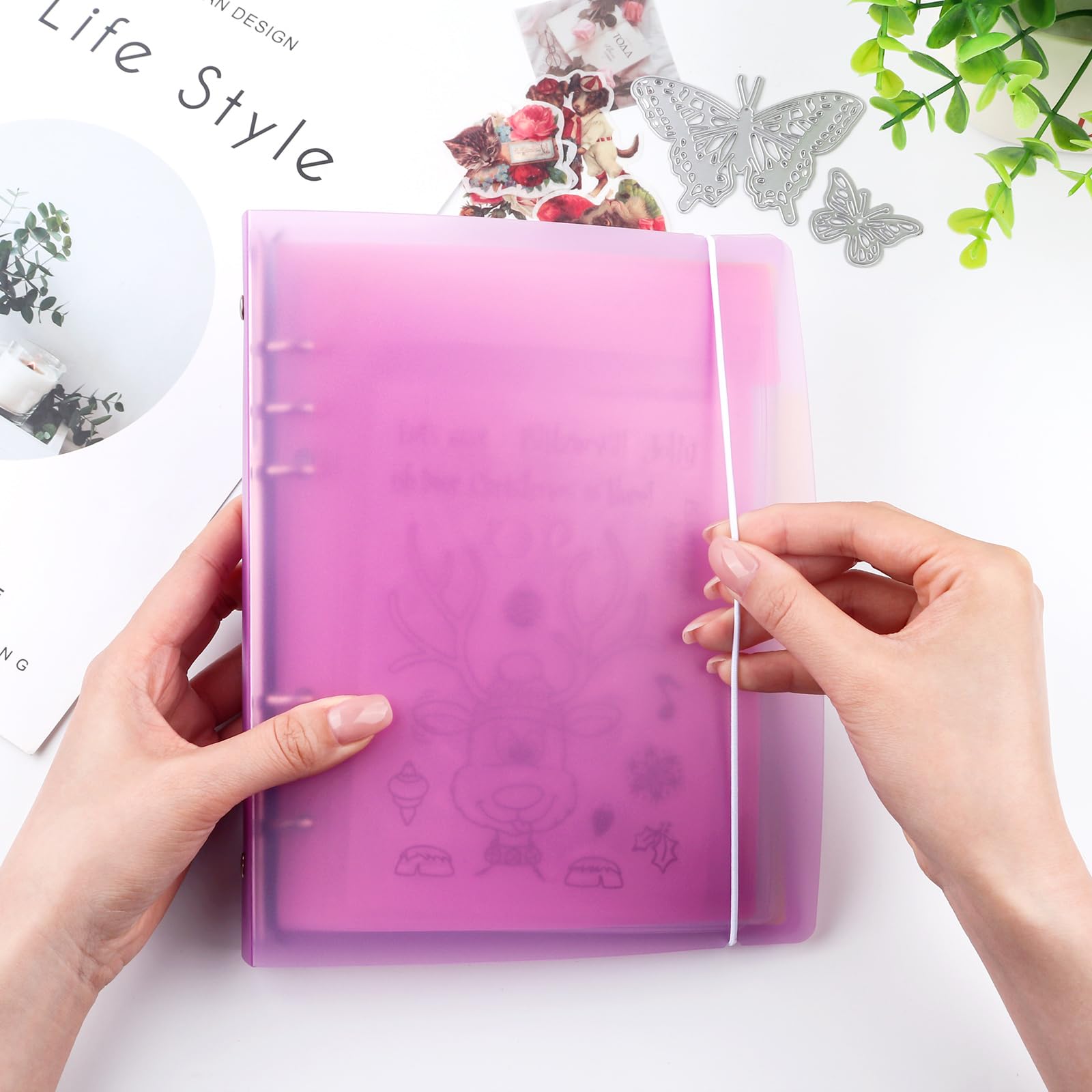 OTCRAFT A5 6 Ring Binder Cover Clean Transparent Soft PVC for Refillable Notebook Shell withMatte surfaceforStamp & Die Storage (Purple) - Image 3