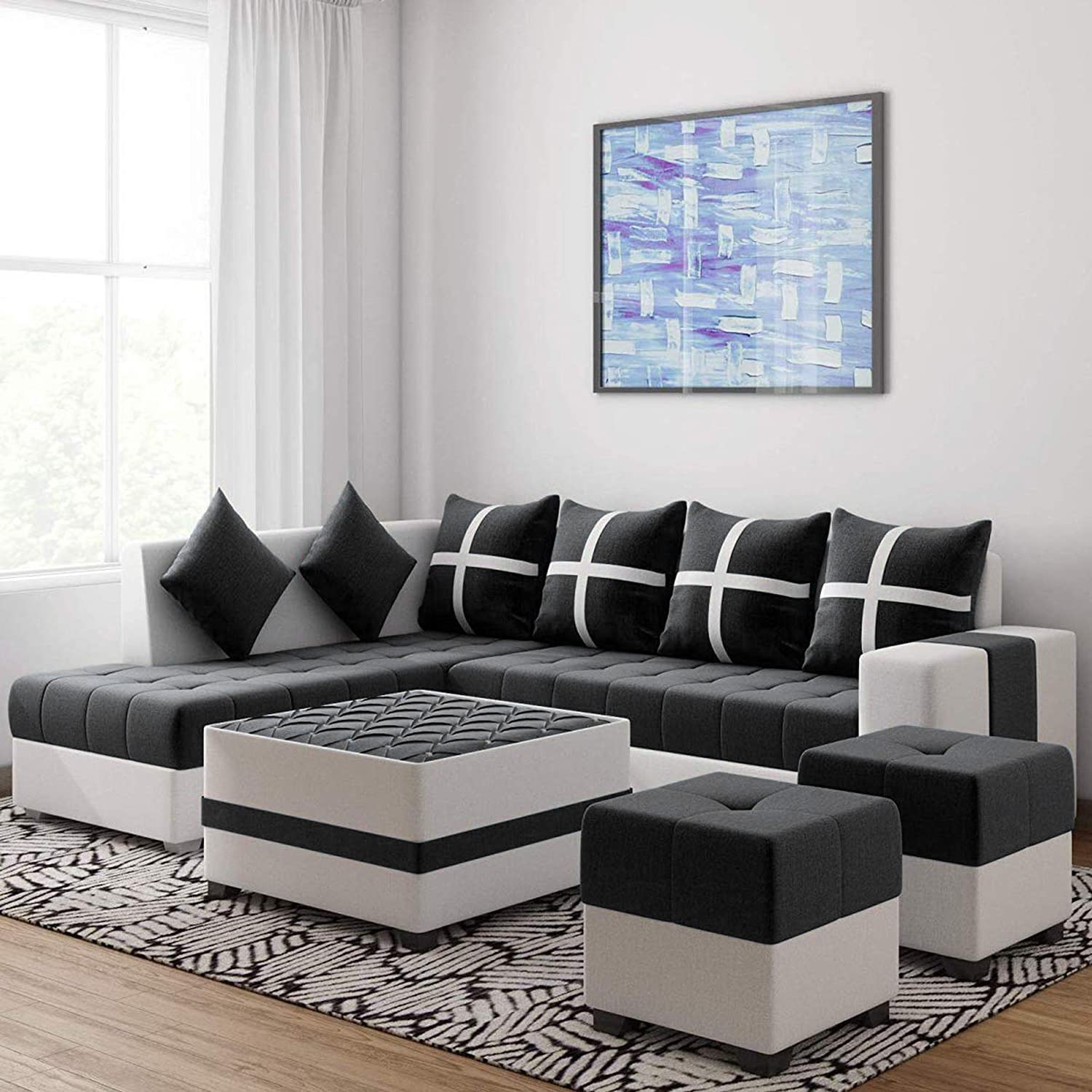 Torque Jamestown L Shape 8 Seater Sectional Fabric Sofa with Center Table Puffy Left Side-Black | L Shaped Corner Sofa with Center Table and Puff for Living Room