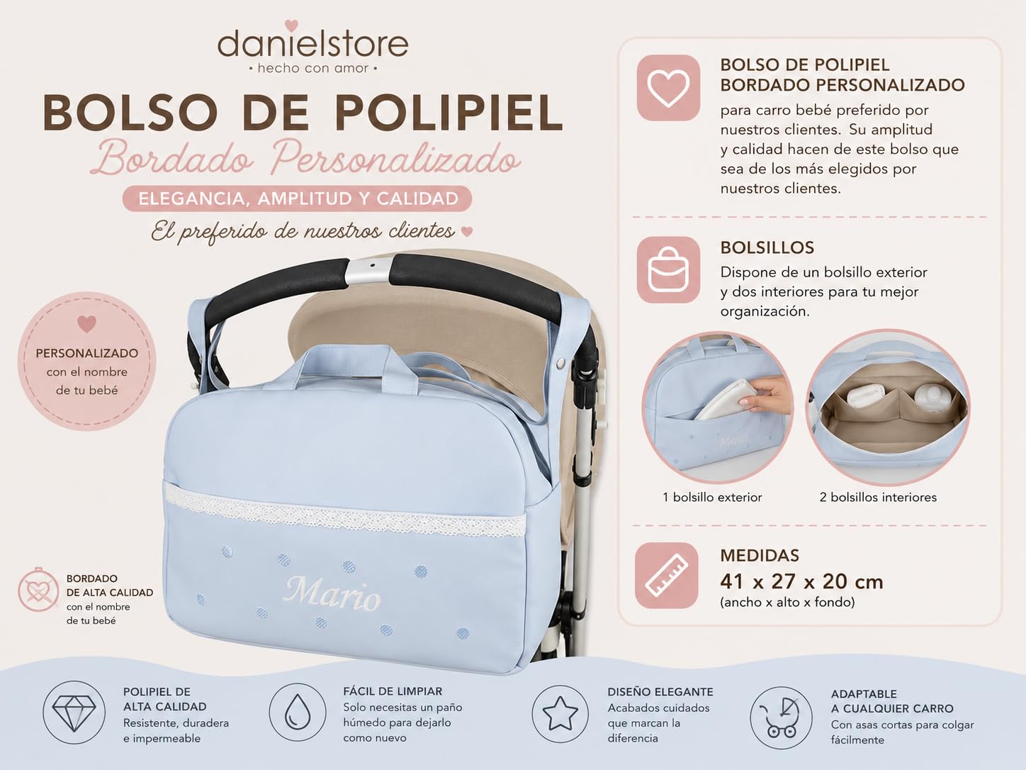 danielstore- Bolso Personalizado Bebe Carrito bebe con nombre bordado. Levante azul