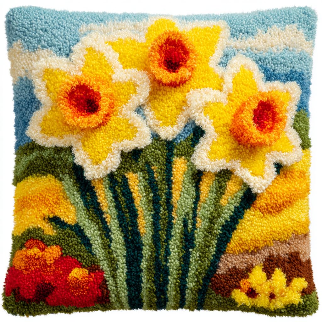 Henypt Latch Hook Pillow Case Embroidery Kits, Narcissus Flowers