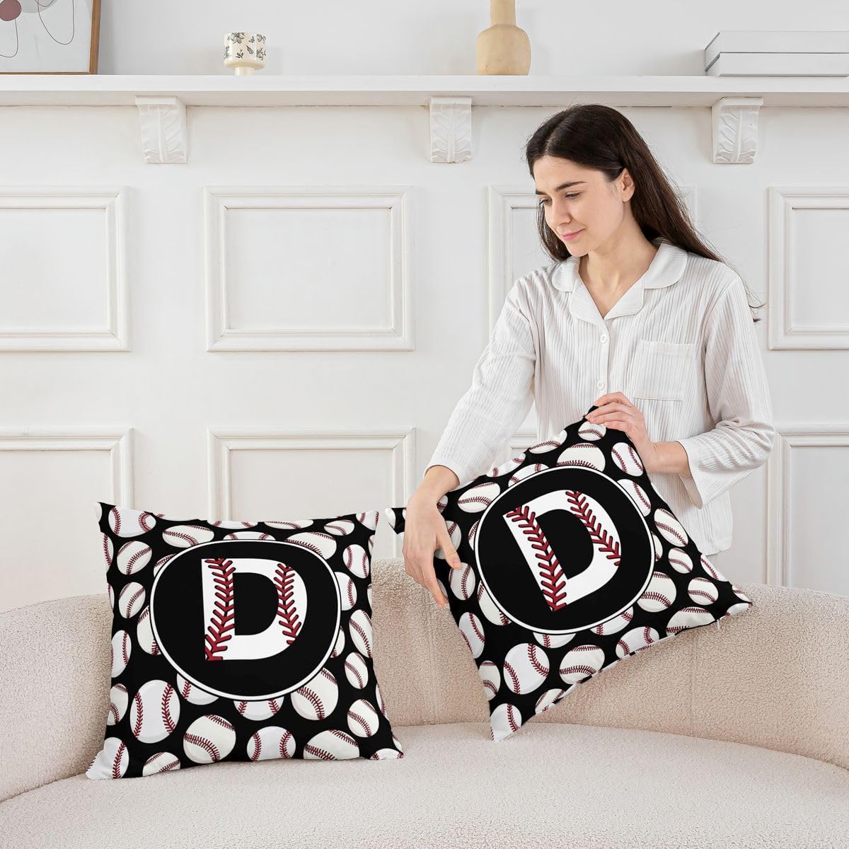 Personalized Initial D Throw Pillow Covers 20x20 for Women Men - Ball Sport Gaming Decorative Cushion Cover Baseball Laces Monogrammed Throw Pillow Case For Bed Couch Sofa Alphabet Letters Home Decor image 5