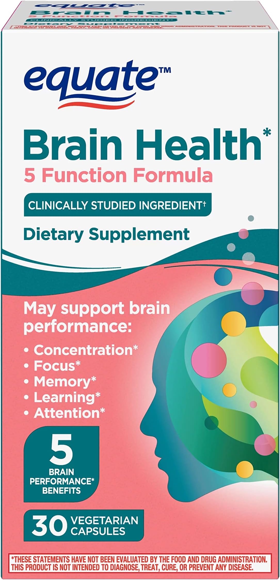 Equate Brain Health 5 Function Formula Capsules Dietary Supplement, 30 CountWith Decaffeinated Coffee Fruit Extract and clinically Studied phosphatidylserine