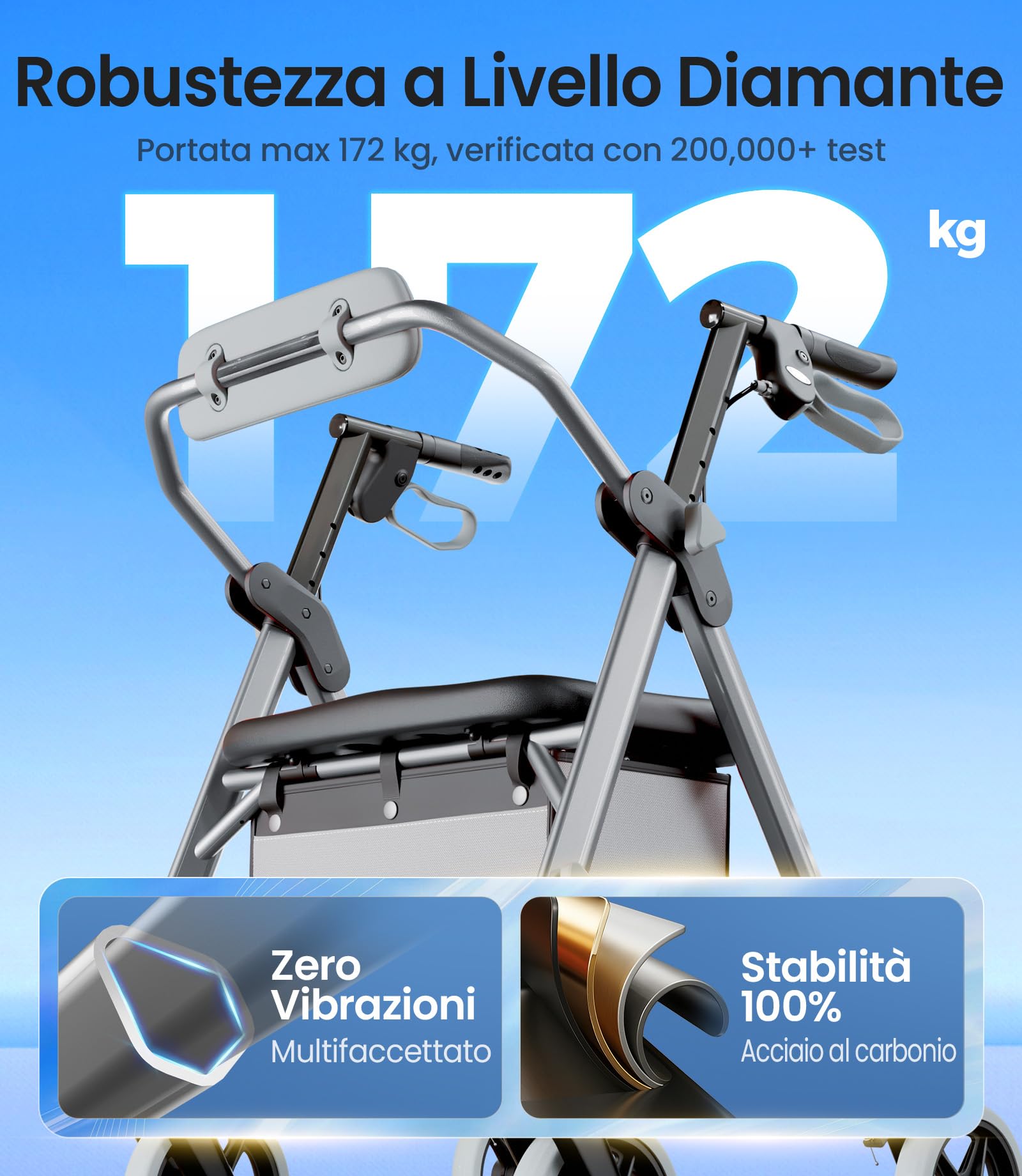 VOCIC Z11 Deambulatore pieghevole e leggero con sedile, Max 172kg, deambulatore sottile per casa, deambulatori facilmente pieghevoli per anziani, Sedile ergonomico, altezza regolabile, Argento, 5 anni