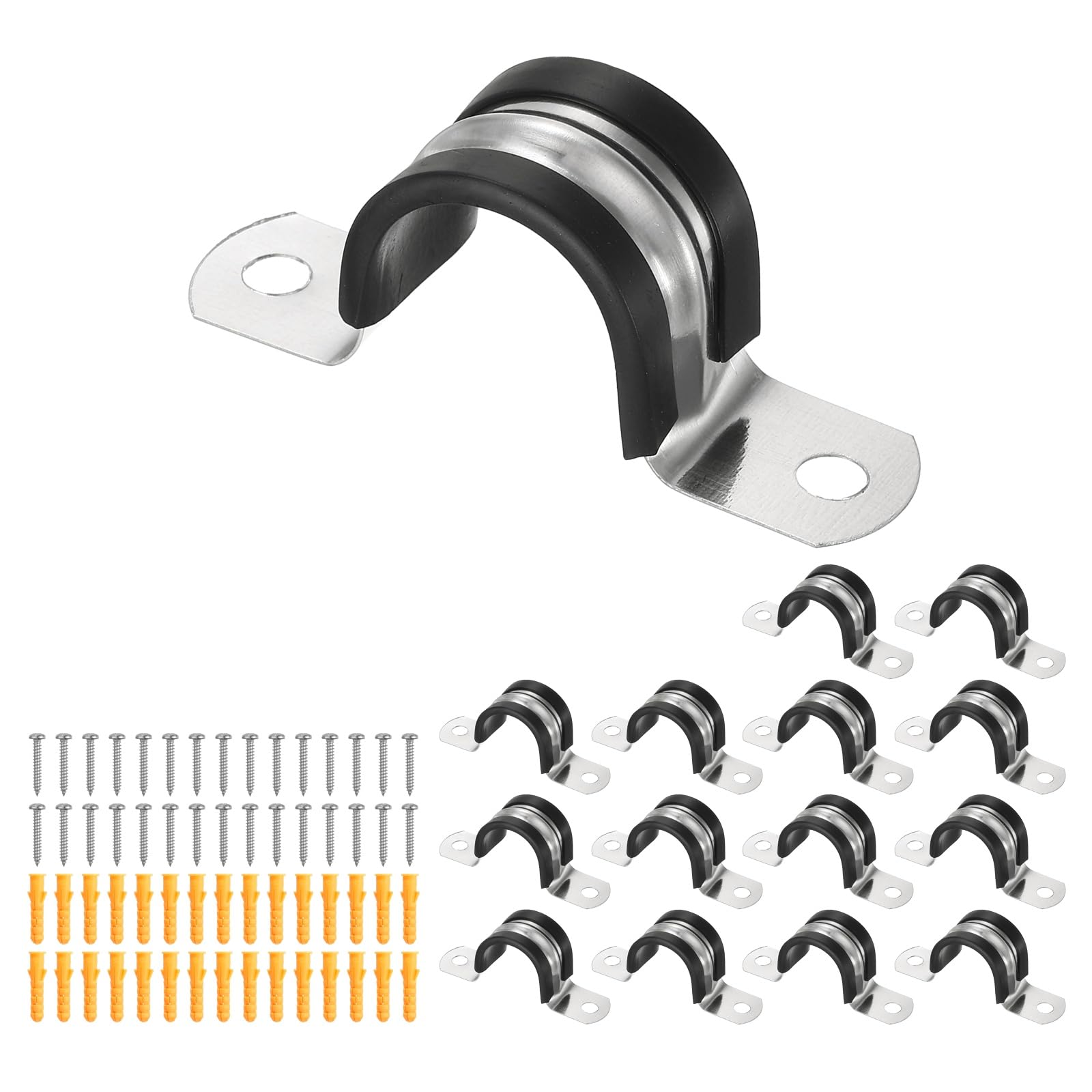 sourcing map 15 Pcs Pipe Strap Clamp, 25mm(0.98") Rubber Cable Clamp Rubber Cushioned 304 Stainless Steel U Bracket Tube Holder Support with Screws for Water Pipe HVAC Cable Management