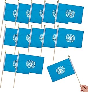 12Pcs Small United Nations Flags on Wooden Stick Mini UN Flag Hand Held Flag Decorations,5x8 Inch