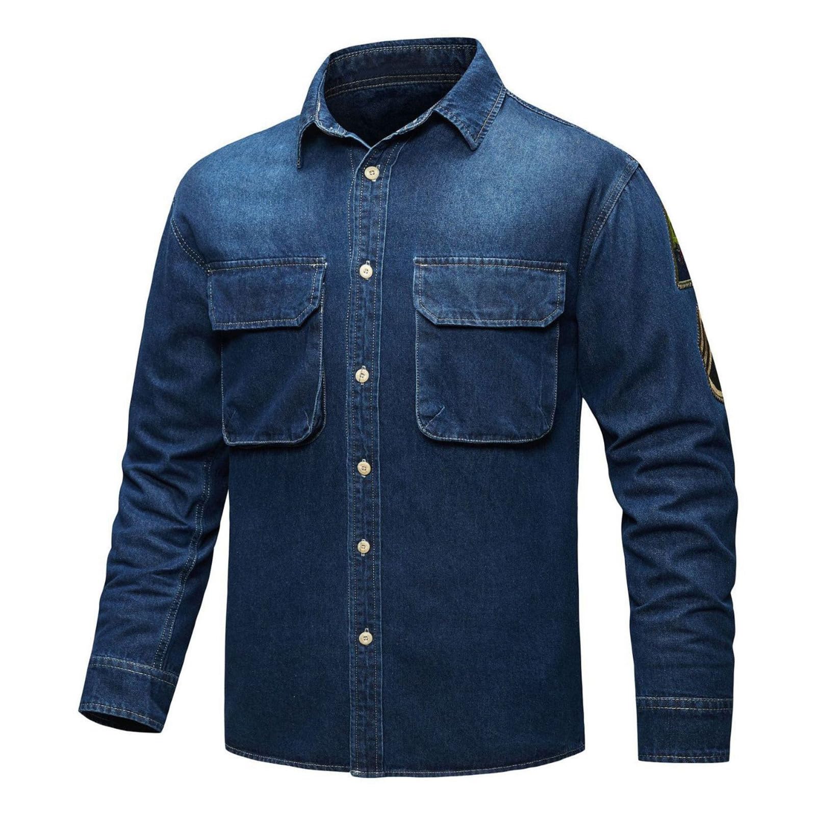Giacca Di Jeans Da Uomo, Camicie Denim Uomo, Slim Fit Trucker Vintage Cotone Cowboy Camicia Jeans Con Tasca Stretta Vestibilità Regolare Top Cappotto Camicia Uomo No Stiro Camicia Button-Down Uomo