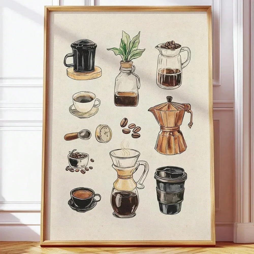 Retro Stolik kawowy Rustykalny Plakat Na Płótnie Plakat Na Płótnie Wózek Bar Wózek Na Ścianę Dla Miłośników Kawy Minimalistyczna Kuchnia I Napoje(80 x 120 cm/Rama