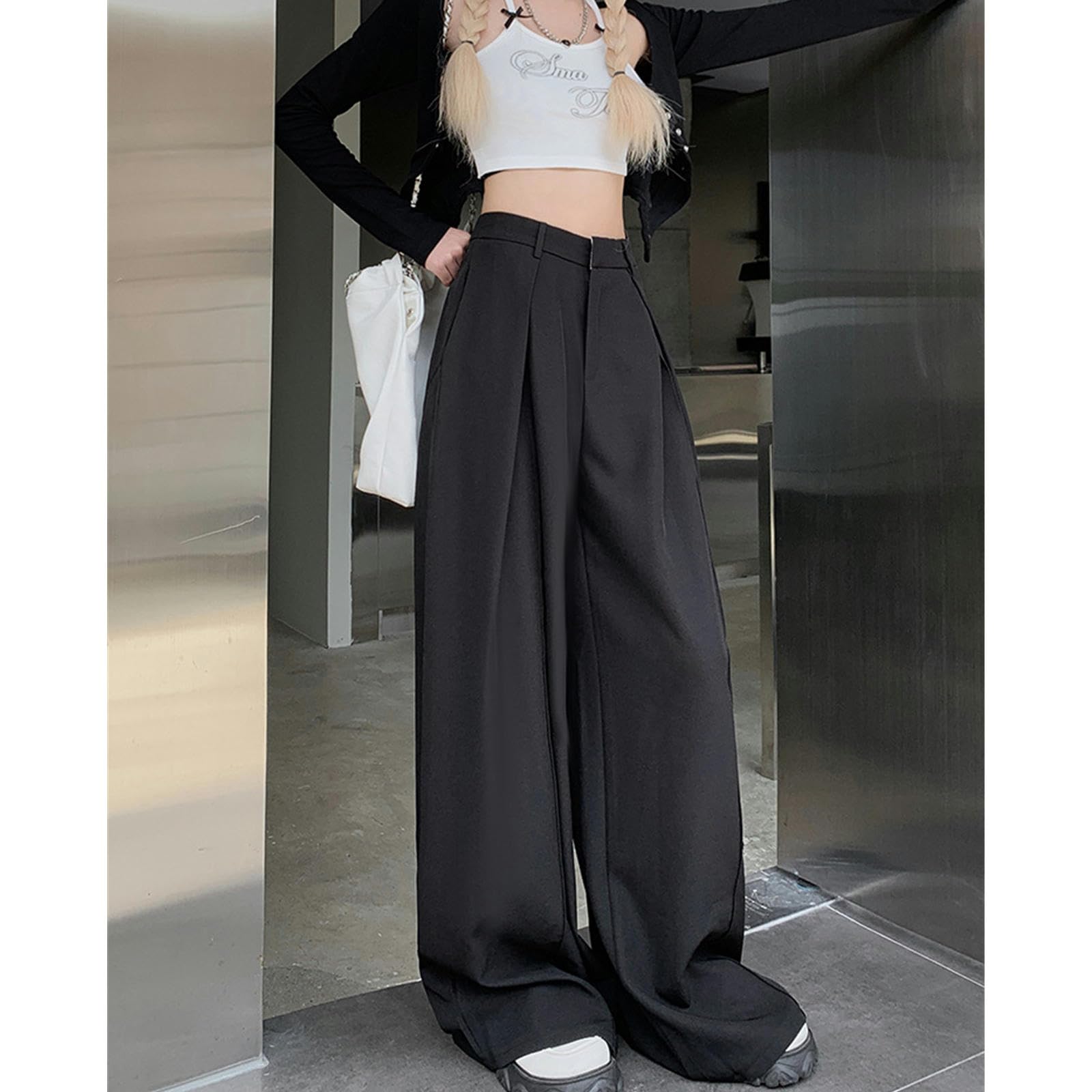 Pantalone Donna Pantaloni Sciolti Pantaloni Casual Pantaloni A Gamba A Gamba Ad Alta Vita Pantaloni Ridotti-Grigio-m