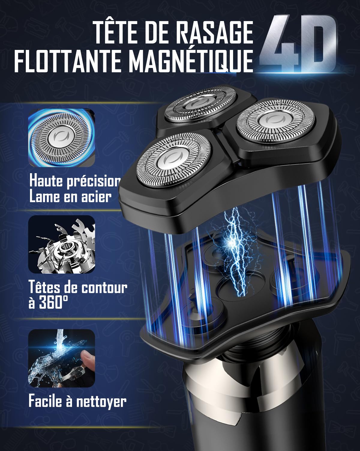 Rasoir Électrique Homme 4D Magnétique à 3 Têtes Flottante,Tondeuse Barbe Étanche IPX6 Humide/Sec avec Écran LCD, 90 Min d'Autonomie, USB-C à Charge Rapide, Rasoir Portable pour Voyage et Maison