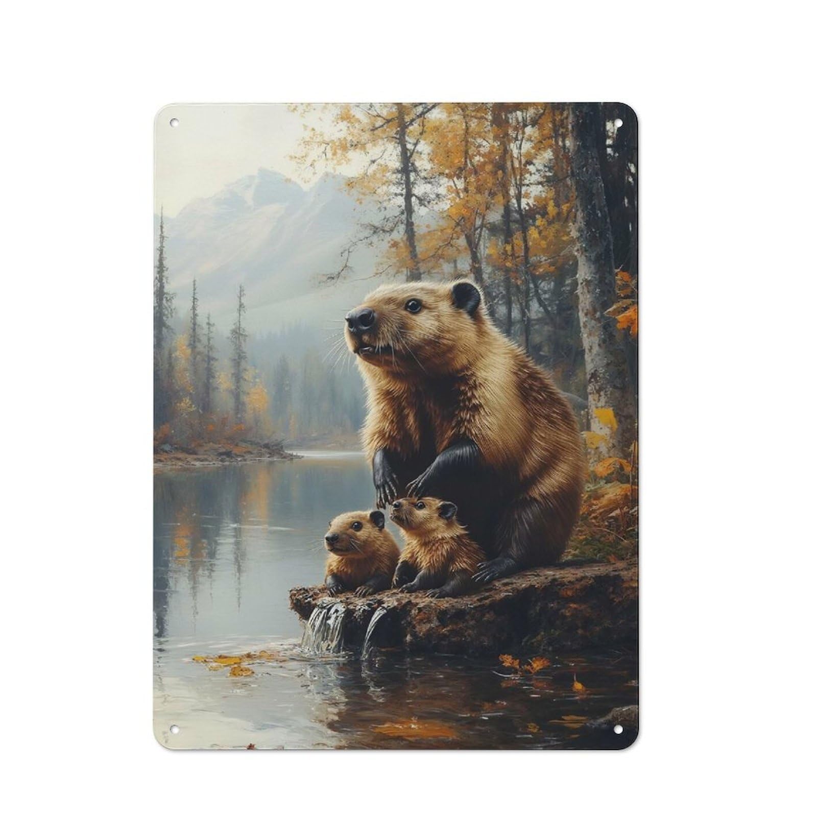 Junmoney Style-19 Beaver Family By The Autumn Lake Metal Wall Sign 40X30cm, Retro Decor For Workshop Wall, For Garage, Workshop And Man Cave Decoration