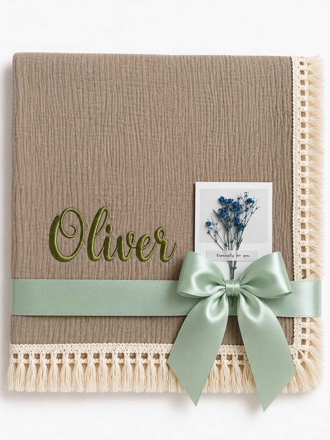 DreamBuy Personalised Baby Blanket Embroidered with Name Soft Customised Blanket for Newborn Baby Girl Cot & Pram Blanket Baby Girl Present 120x100cm (Taupe Muslin)