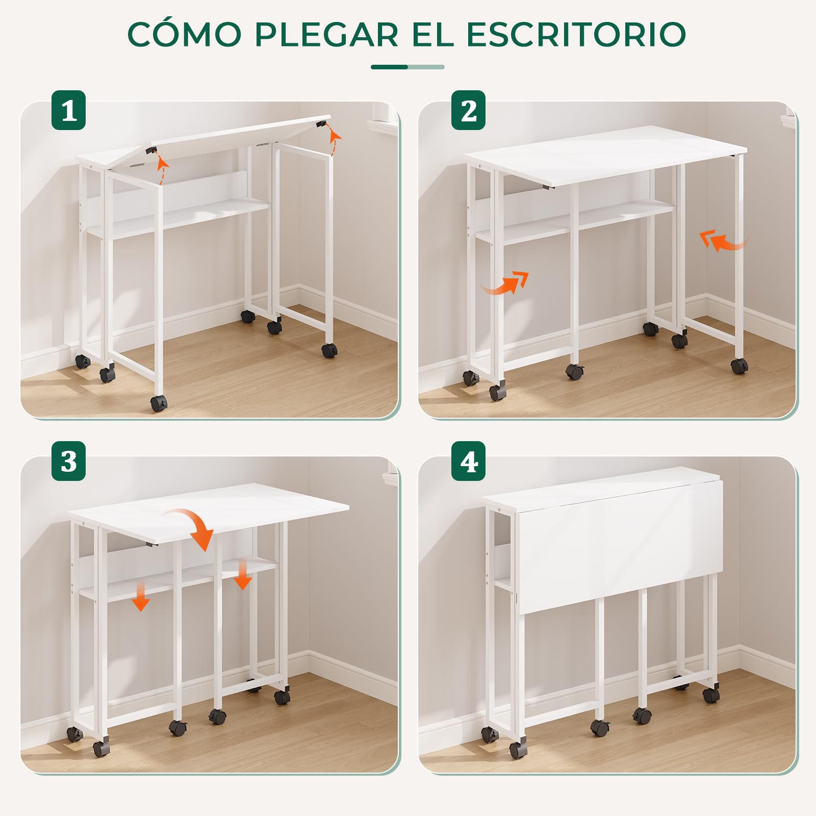 Escritorio Plegable Pequeño con Ruedas y Estante de Almacenamiento, Mesa de Estudio Moderna, Fácil de Montaje y Ahorro Espacio para Casa Oficina, 80 x 50 x 75 cm (Blanca)
