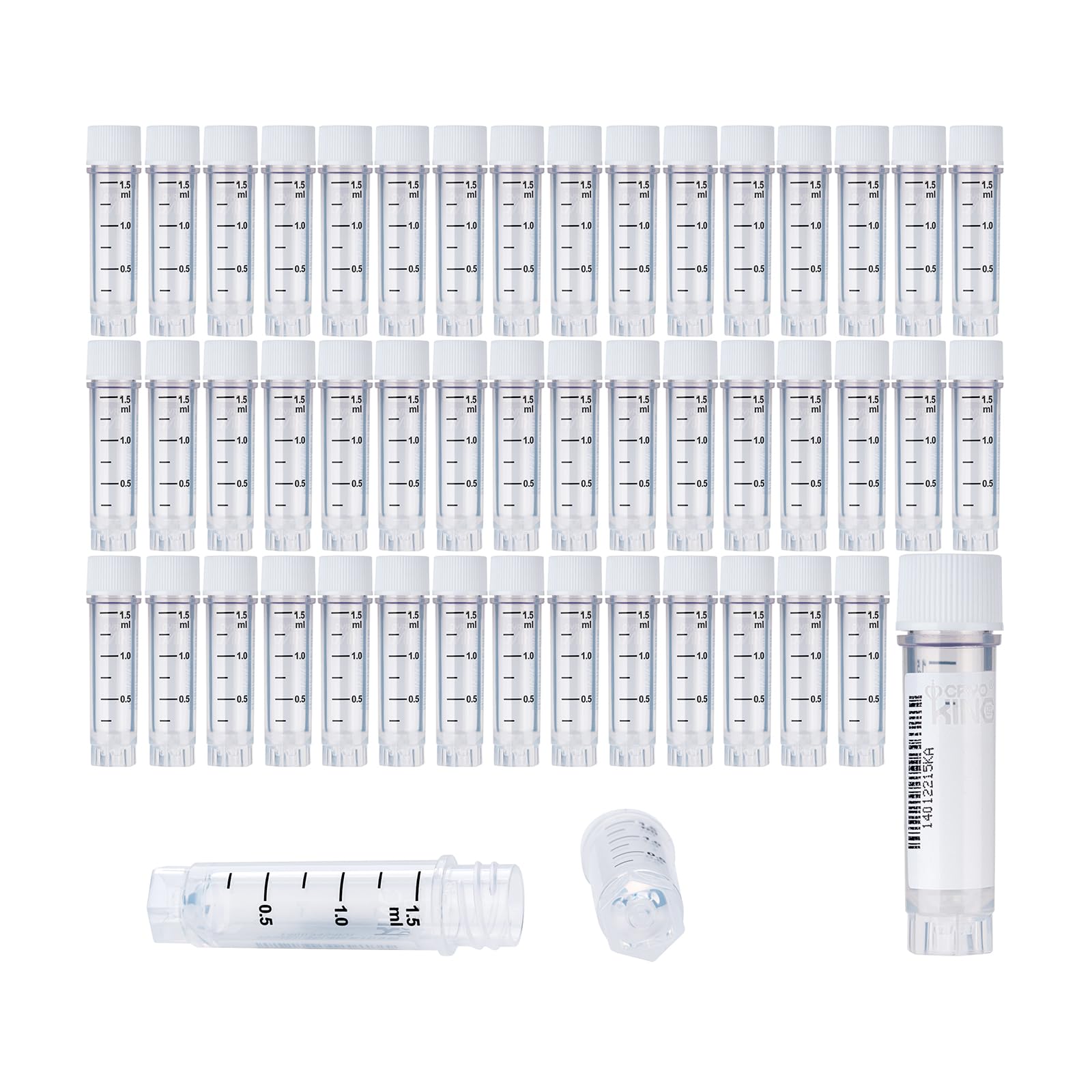 1.5ml Cryovials, 25Pcs Cryotubes with Side Barcode, Sterilisation Vials with External Thread, Sample Tubes with White Caps, Lab Tubes for Sample Storage from -196℃ to 121℃