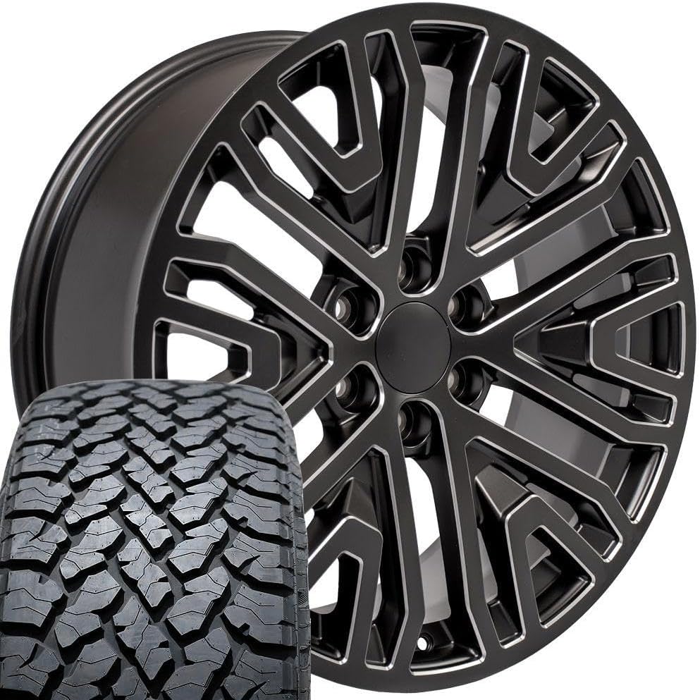 OE Wheels CV37 22 Inch Rims and Tires Fit Sierra 1500 Style 6x139.7 22x9 Satin Black with Milled Edge - Hollander 5906 - TS-37 AT 285/45-22 (Set of 4)