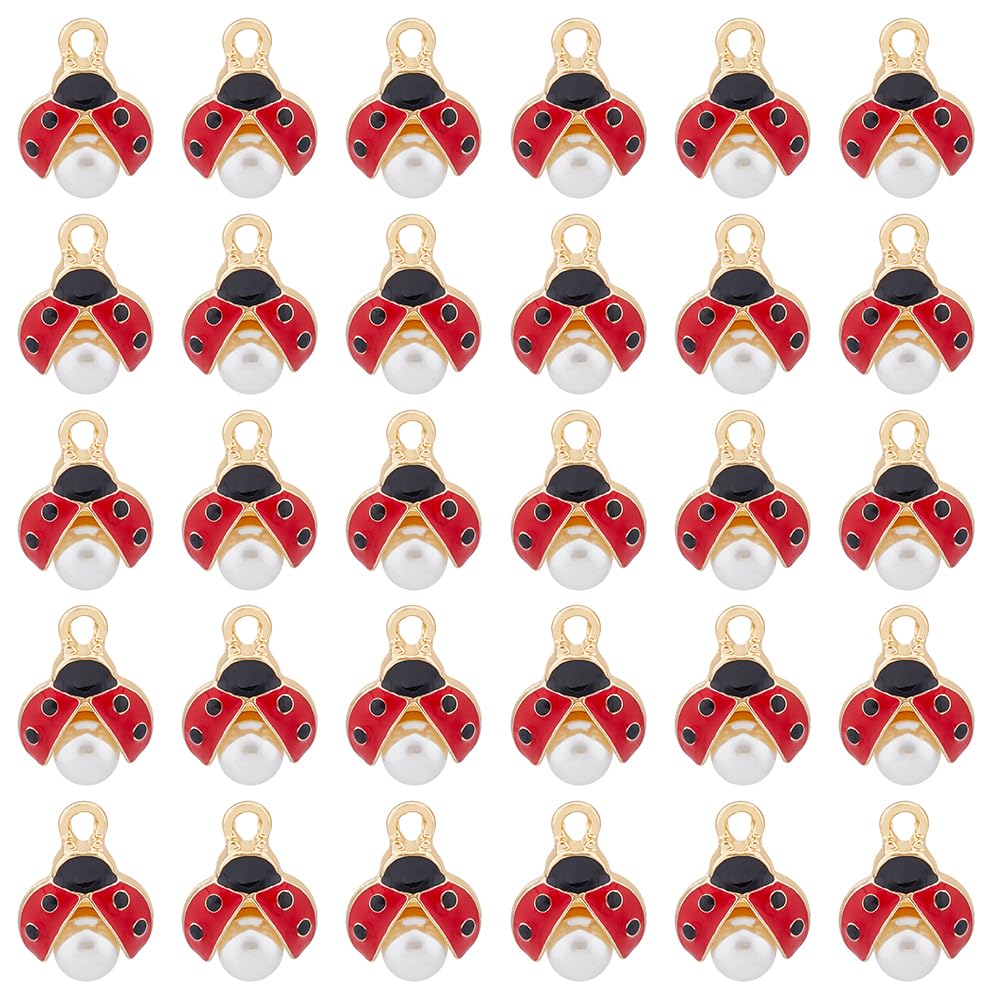 HOBBIESAY 30Pcs Red Enamel Ladybug Pendants Imitation Pearl Bead Alloy Charms Golden Tone Bracelet Earring Charms Flying Insect Loose Dangle Pendants for DIY Craft Embellishments