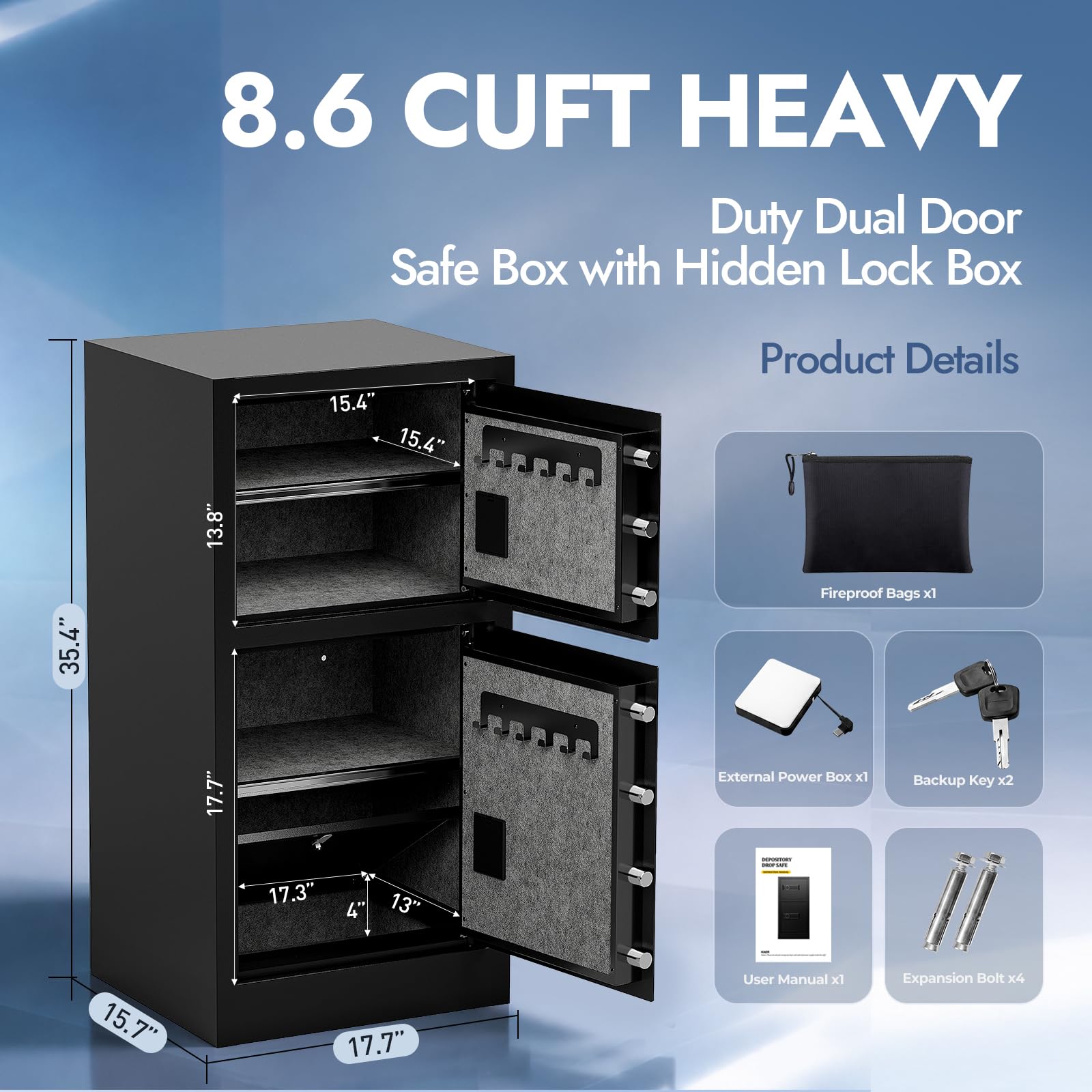 BUTISOW Caja fuerte resistente de doble puerta de 8.6 pies cúbicos con caja de bloqueo oculta, bolsa impermeable ignífuga, estantes extraíbles, silenciosa, segura para el hogar, oficina, hotel