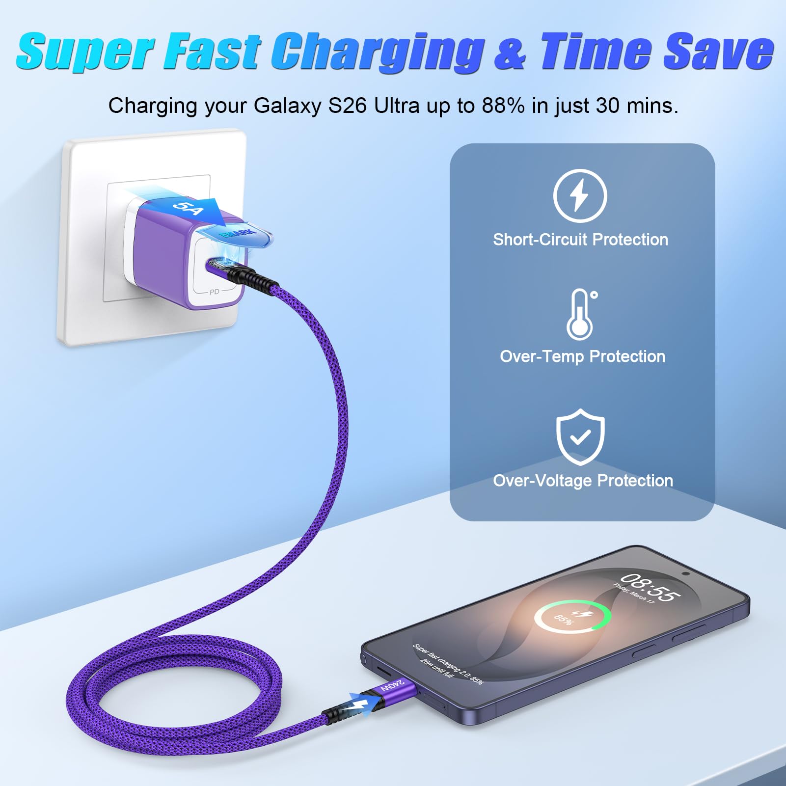 Cavo di ricarica rapida USB C a C, 3 m, 240 W, lungo tipo C a USB C, cavo di ricarica rapida per Samsung Galaxy A17 Z Fold 7 S25 Plus Ultra Edge A16 A54 S24, Pixel 10 Pro XL Fold, MacBook Pro/Air