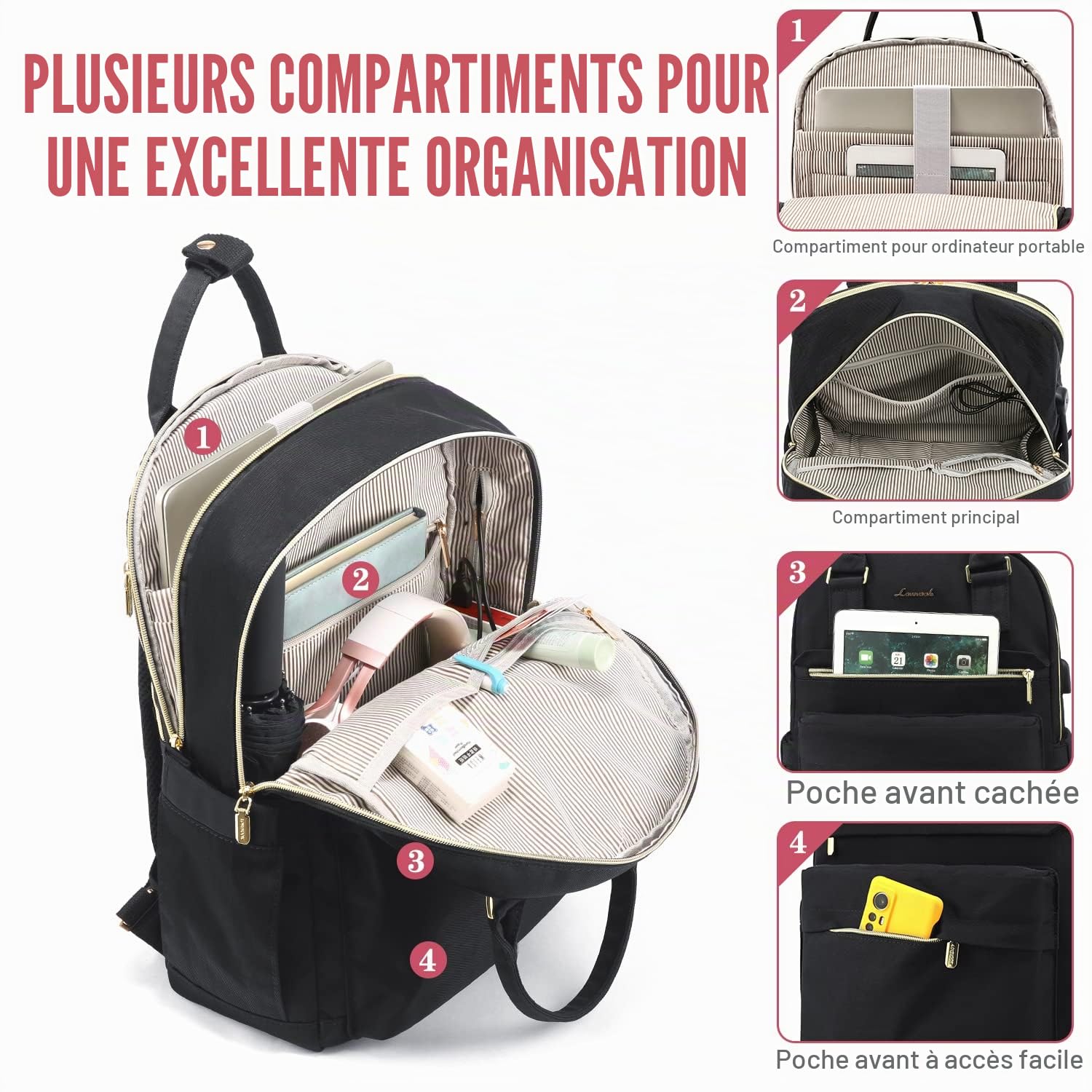 LOVEVOOK 15,6 Pouces Imperméable Sac à Dos Femme pour Prdinateur Portable Elegant Antivol Avec Port de Charge USB & PC Compartiment pour Collège Voyage Loisir Travail Affaire, Noir