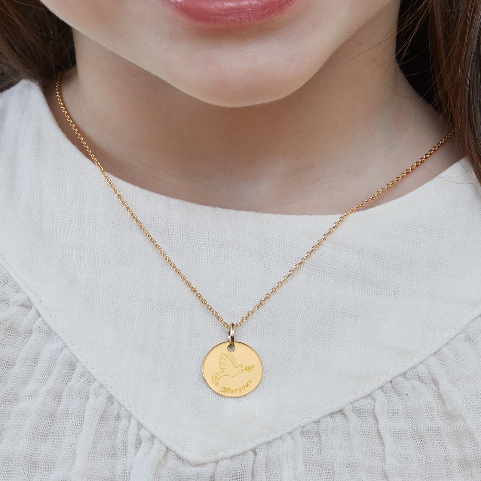 Collier personnalisé enfant dessin colombe, plaqué or - Idée cadeau pour Noël - Anniversaires - Baptême - Communion