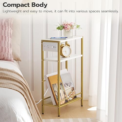 Miniatura 32 de HOOBRO Mesa auxiliar pequeña y estrecha con estación de carga, juego de 2, mesa auxiliar delgada para espacios pequeños, mesita de noche delgada con