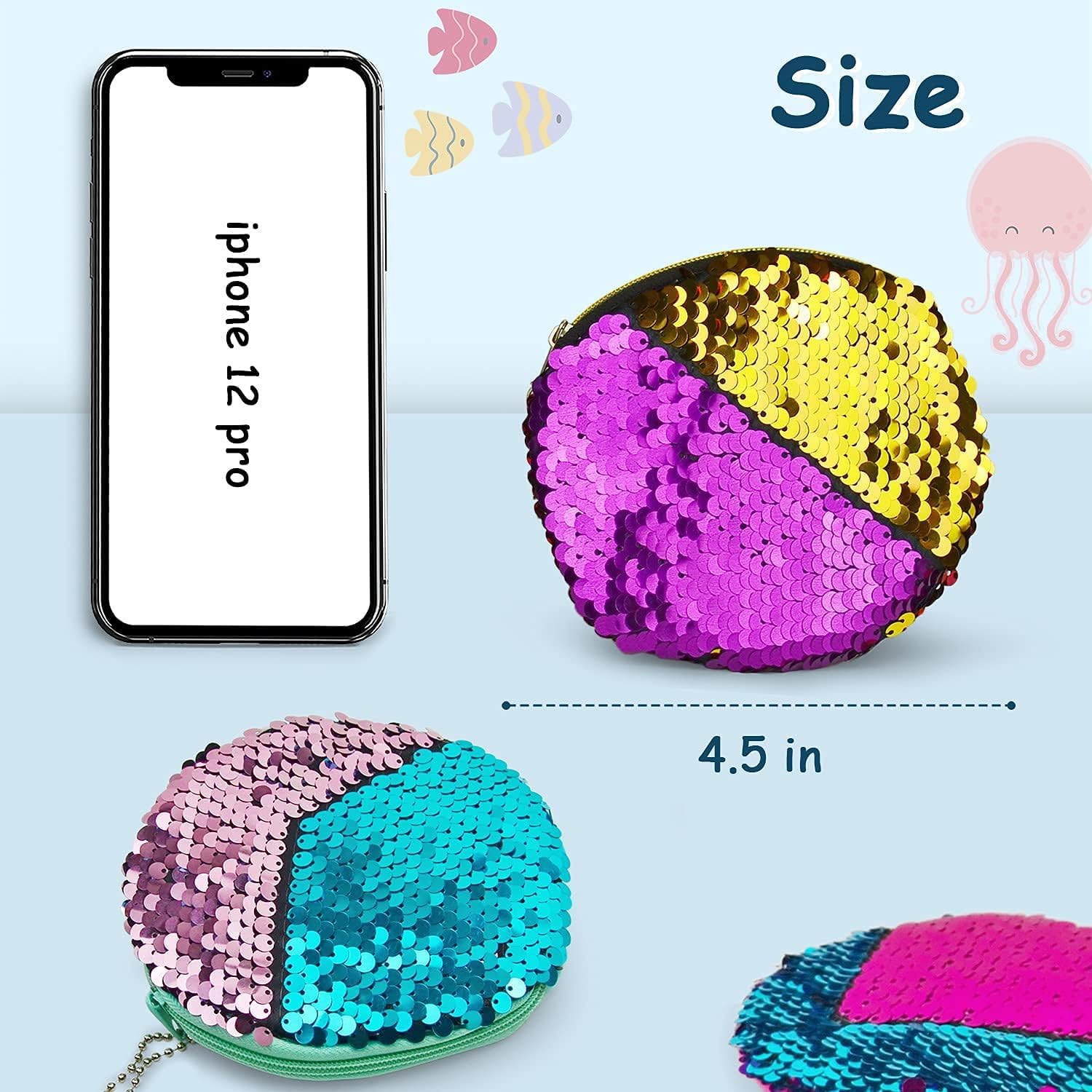 Vileafy Mermaid Party Favors Coin Purse for Girls 4-8 Years Old, 12 Sequin Wallets -Summer Gifts, Class Treasure Box Toys, and Birthday Favors for Girls and Boys