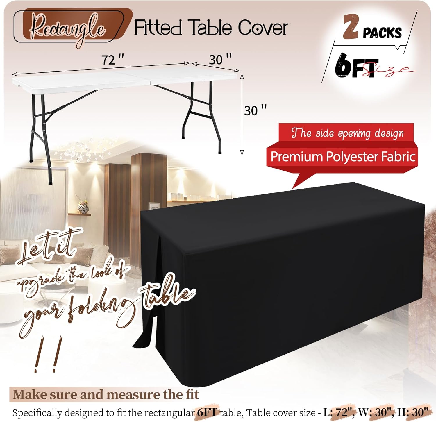 Teruntrue Black Fitted Table Cover for 6 Foot Tables, 2 Pack Rectangle Folding Table Cover 6ft Fitted Tablecloth Trade Show Table Cover for Craft Show, Display, Parties, Events (72 x 30 Inch)