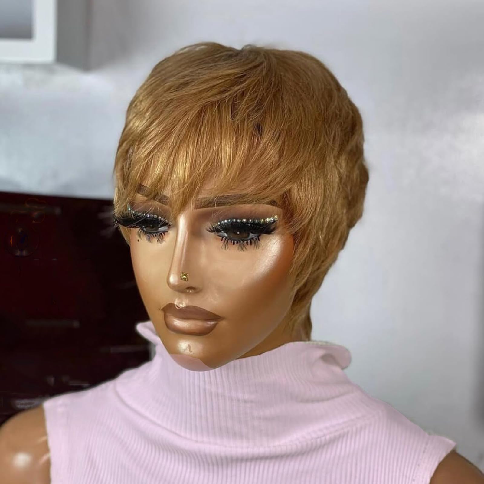 YKHJH Honey Blonde Pixie Cut Wig Human Hair Glueless Wigs Ready to Go Short Human Hair Wigs for Black Women Pixie Wig with Bang Short Straight Wigs