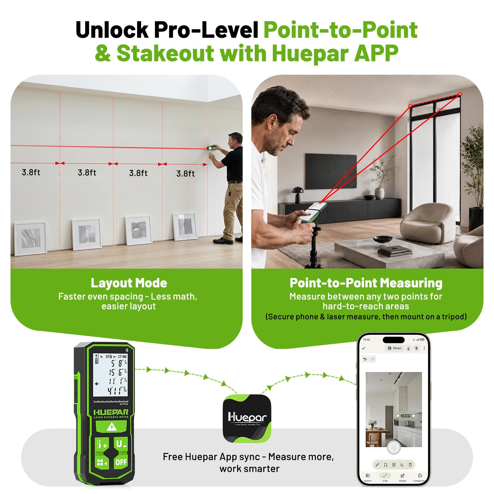 Huepar 330Ft Laser Measuring Tool with APP, 5 Years Warranty, Rechargeable Bluetooth Distance Meter, 1/16in Accuracy, Angle Sensor, Multiple Modes, IP54, Home&Construction, Fathers Days Dad Gifts — Amazon image 3