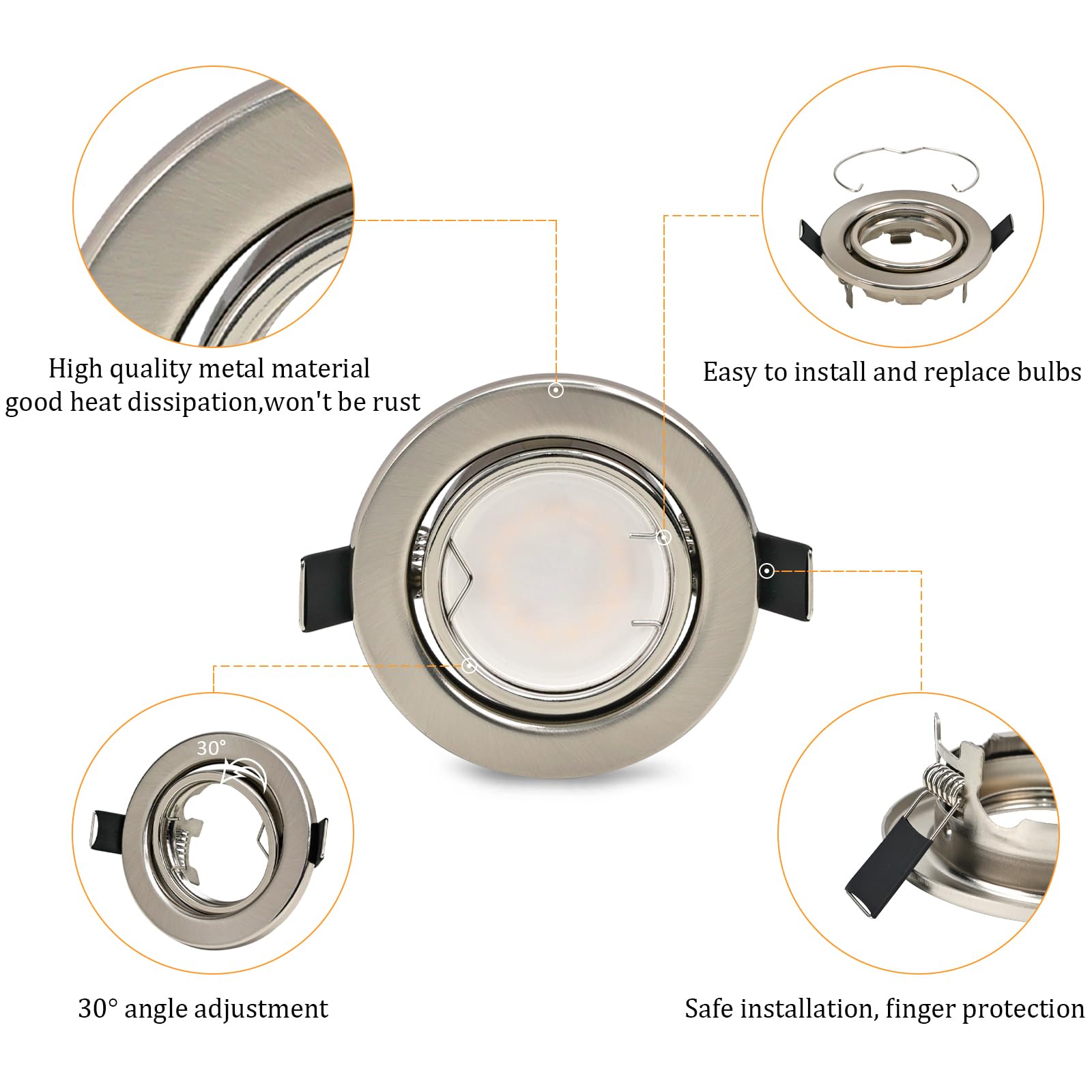 GeyouLux Faretti LED da Incasso per Cartongesso,5W Bianco Neutro 4000K,Cornice Rotondo Metallo Nichel Spazzolato 230V,Plafoniere GU10 Soffitto Orientabile di 30° Angolo a Fascio 120° Set da 6