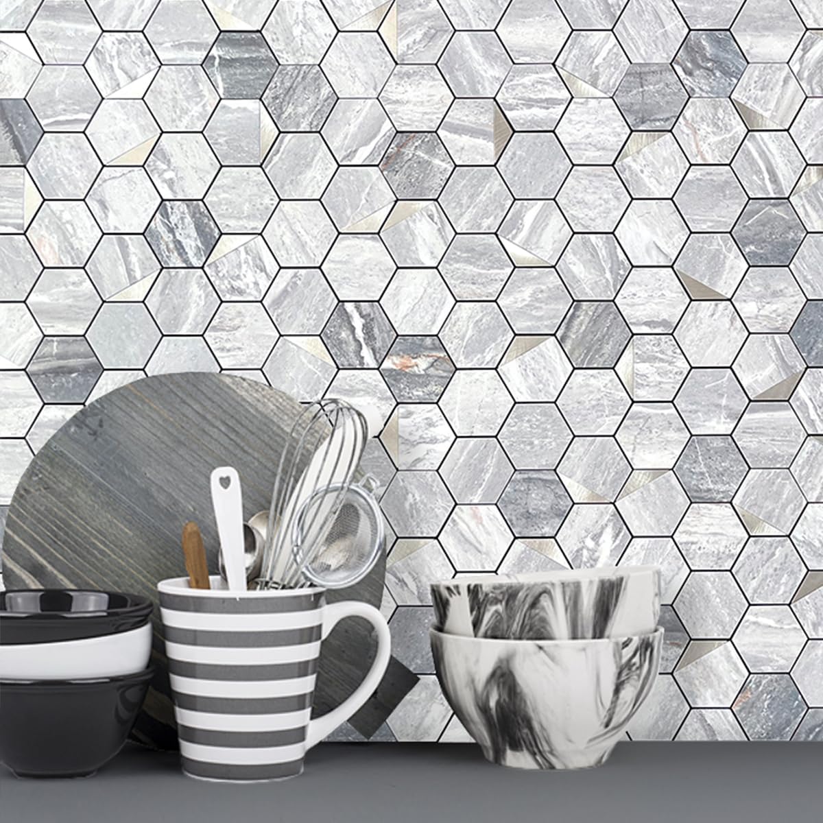DICOFUN 10-Sheet Hexagon Tile Peel and Stick Backsplash, Grey Marble Look PVC Mixed Silver Metal Mosaic Tiles for Kitchen and Bathroom