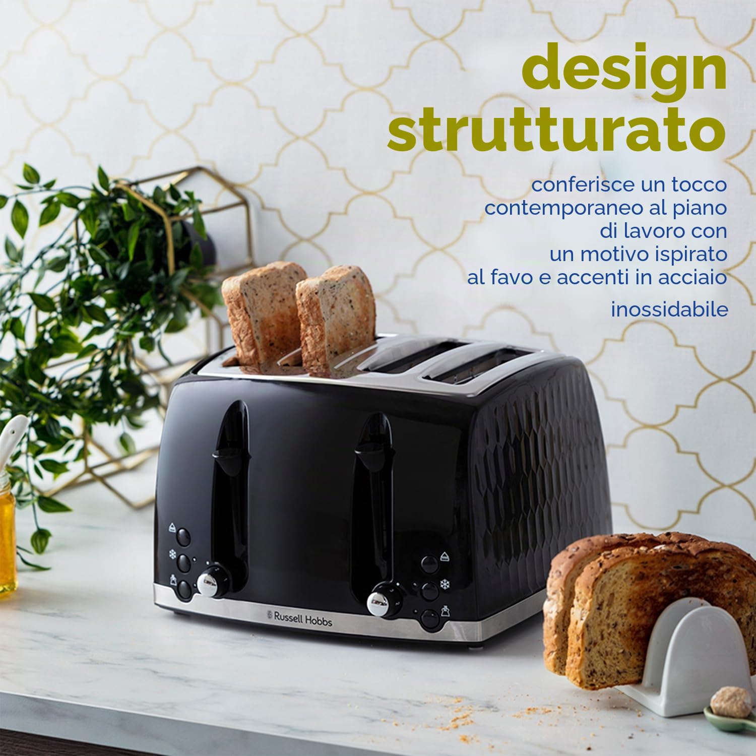 Russell Hobbs Tostapane 4 fette 26071 - Design contemporaneo a nido d'ape con fessure extra larghe e funzione di sollevamento alta, nero