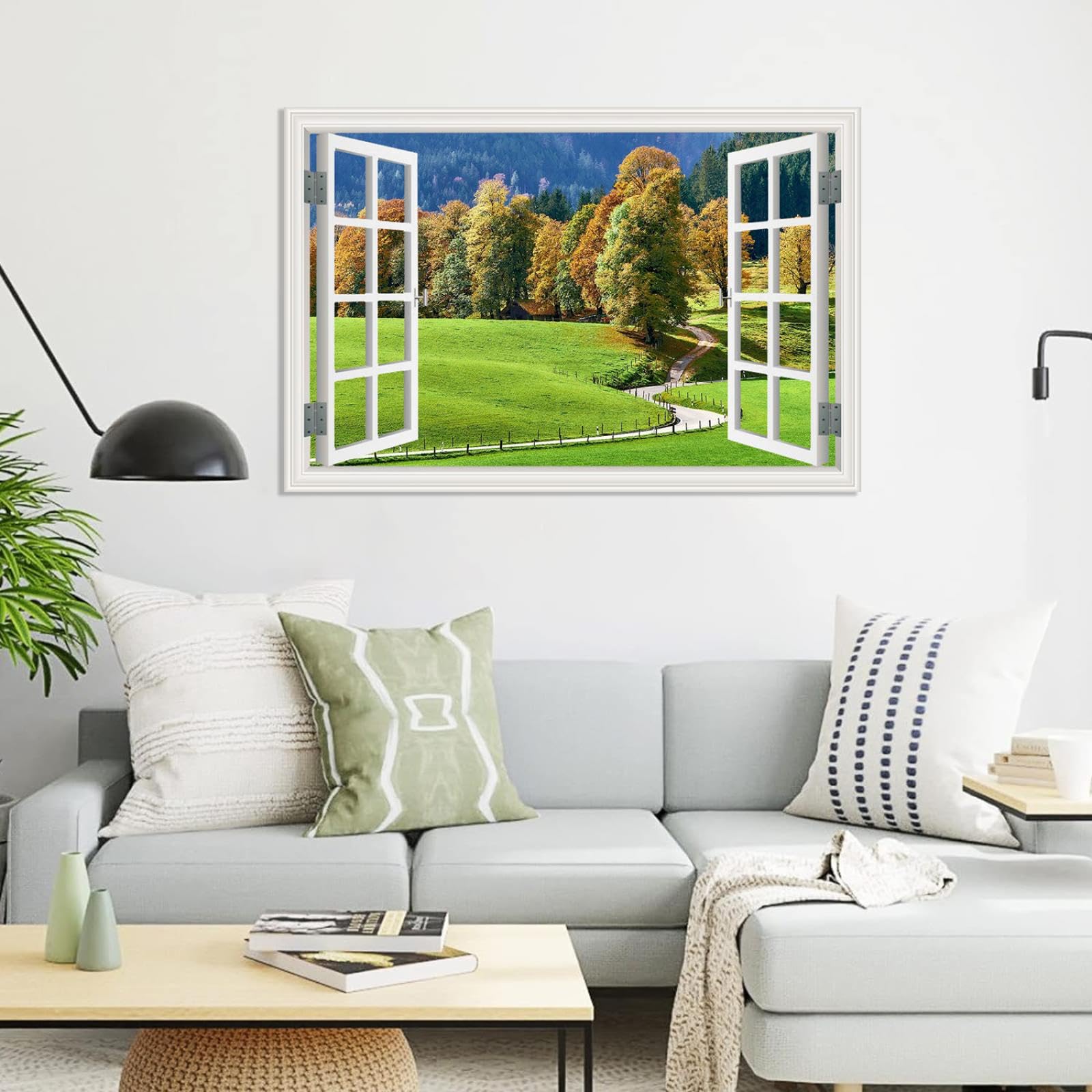 MOBYAT Wald-Wandaufkleber,3D-Kunstfenster,Bäume im Herbst,Naturlandschaft,Kunstfenster für Schlafzimmer,Wohnzimmer,Büro,Dekoration,105x70cm(41x28 Zoll) rahmenlos