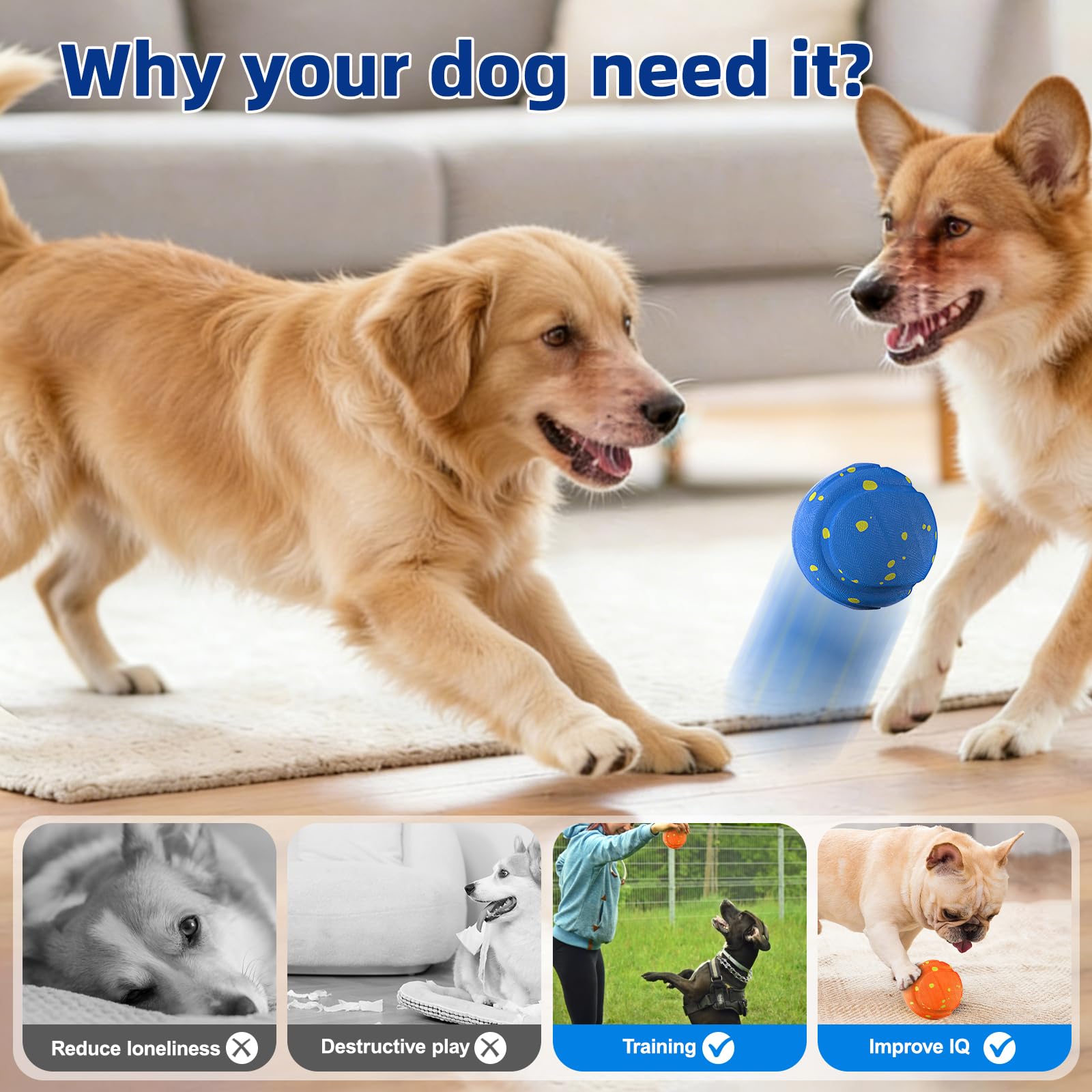 Balle Interactive Chien, Jouet Chien Balle, Balle Chien Qui Bouge Toute Seule, USB Rechargeable Intelligent Jouets pour Chiens 3 Modes interactifs, pour Chiots à Grands Chiens(Blau)