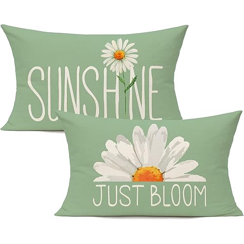 All Smiles 12x20 Lumbar Outdoor Green Throw Pillow Covers Set of 2 Spring Summer Decorative Cushion Cases Home Décor Decorations for Patio Couch Chair Sofa,Daisy Floral Gnomes