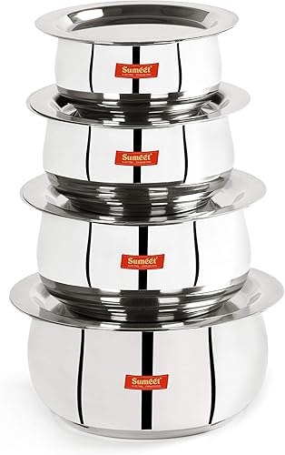 Sumeet Acero inoxidable forma de vientre 4 piezas TopeCookwarePot Set con tapa 380ML, 500ML, 780ML, 1.1Ltr, (Plata)