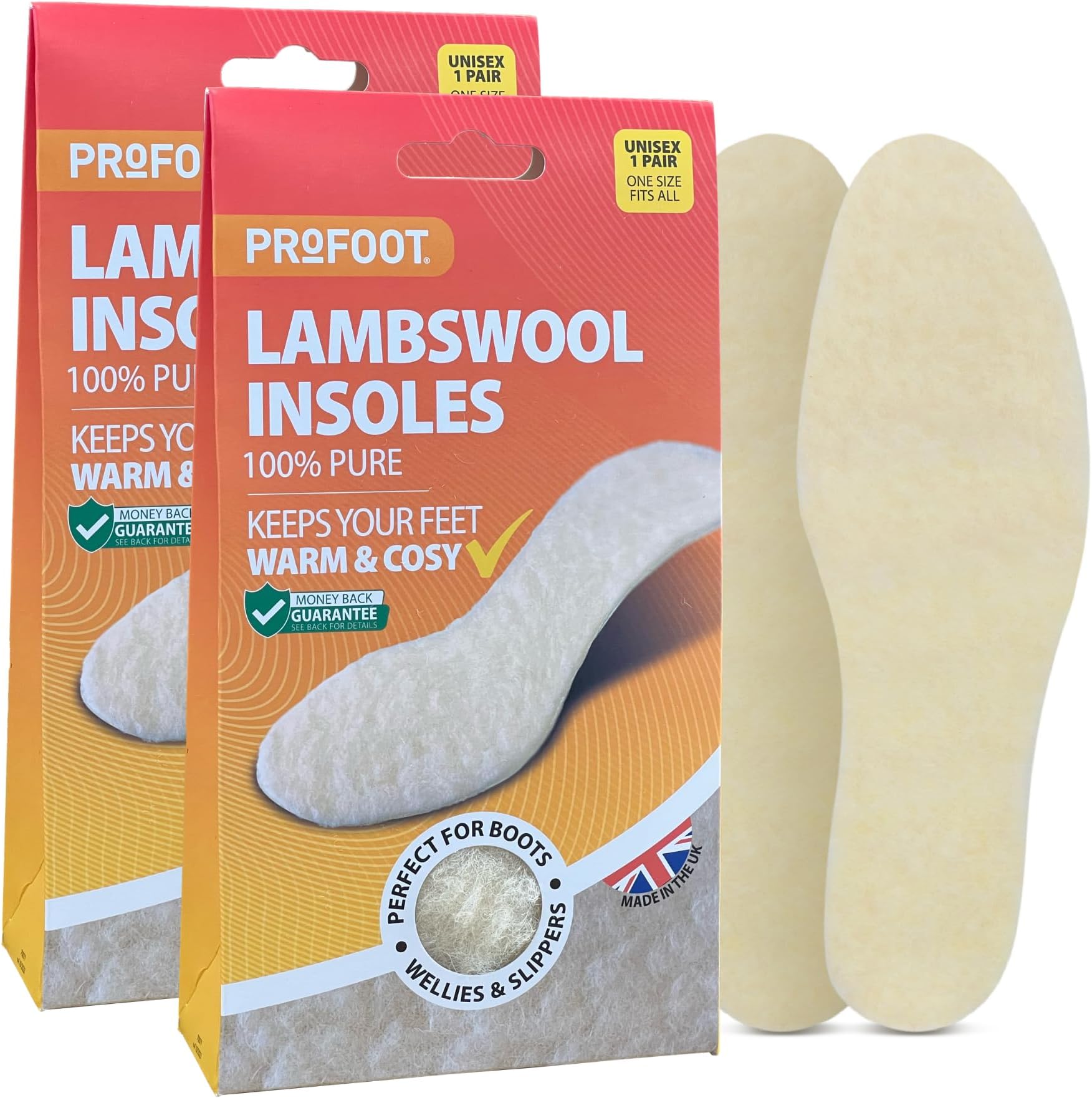 Profoot Lambswool Insoles - Full Length Shoe Inserts - Ideal for Cold Feet and Foot Discomfort - Perfect for Boots, Wellies and Slippers - Washable and Reusable - One Size Fits All - (2 Pack)