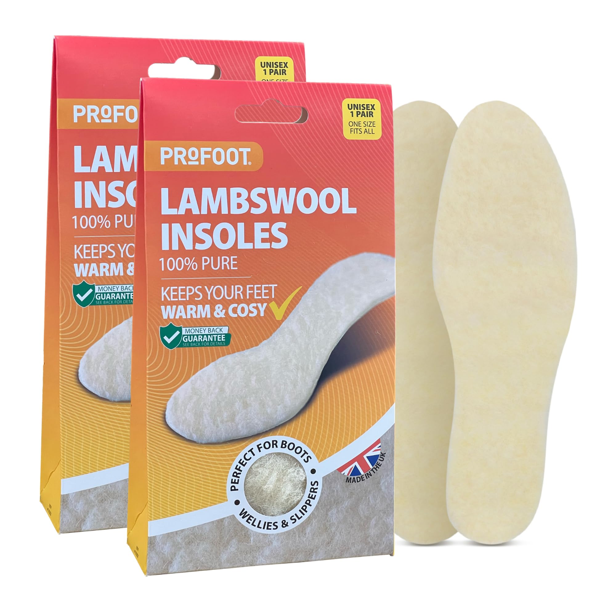 Profoot Lambswool Insoles - Full Length Shoe Inserts - Ideal for Cold Feet and Foot Discomfort - Perfect for Boots, Wellies and Slippers - Washable and Reusable - One Size Fits All - (2 Pack)