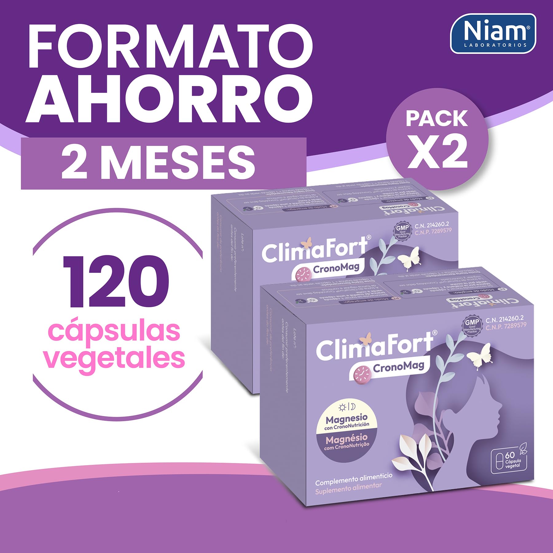 [Pack de 2] ClimaFort CronoMag | Magnesio para la Mujer | 5 Sales Glicinato, Glicerofosfato | Vitamina B12 | Energía, Relajación | Crononutrición | 120 Cápsulas
