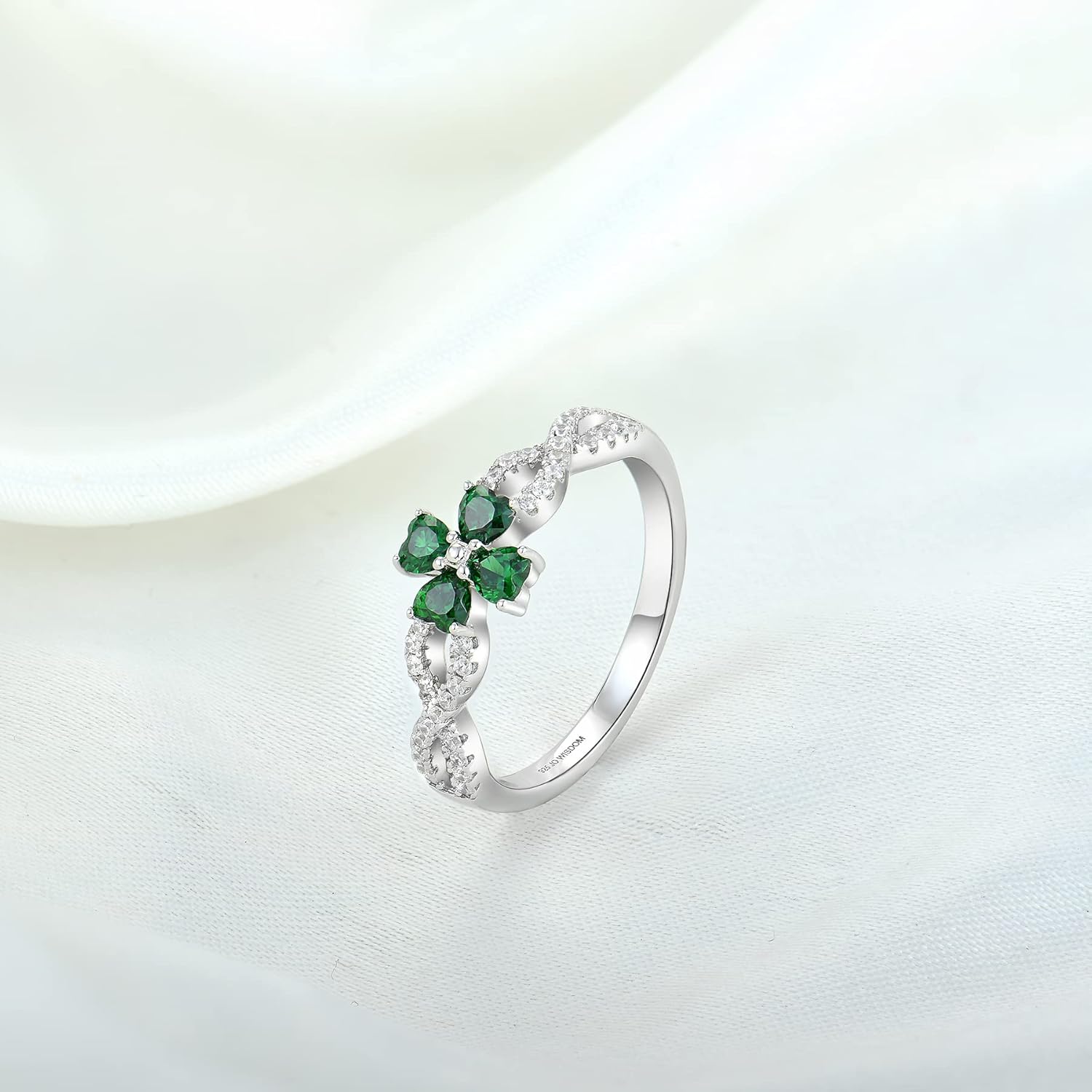 JO WISDOM Women Infinity Ring,925 Sterling Silver Cubic Zirconia Lucky Four Leaf Green Heart CZ Flower Shamrock Clover Ring