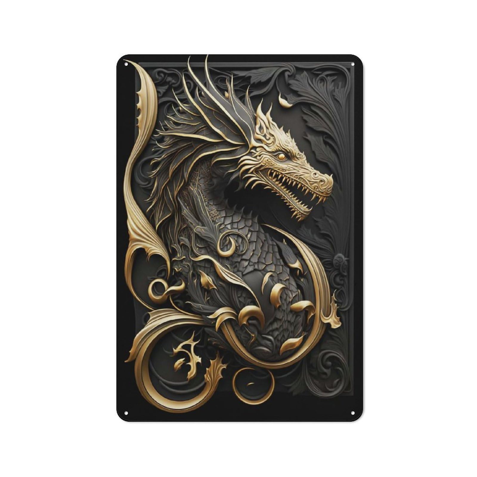 Junmoney Style-17 Dragon Golden Flame Retro Tin Wall Plaque 30X20cm For Hobby Room Or Studio, New Home Wall Decor For Hobby Room Decor Fans