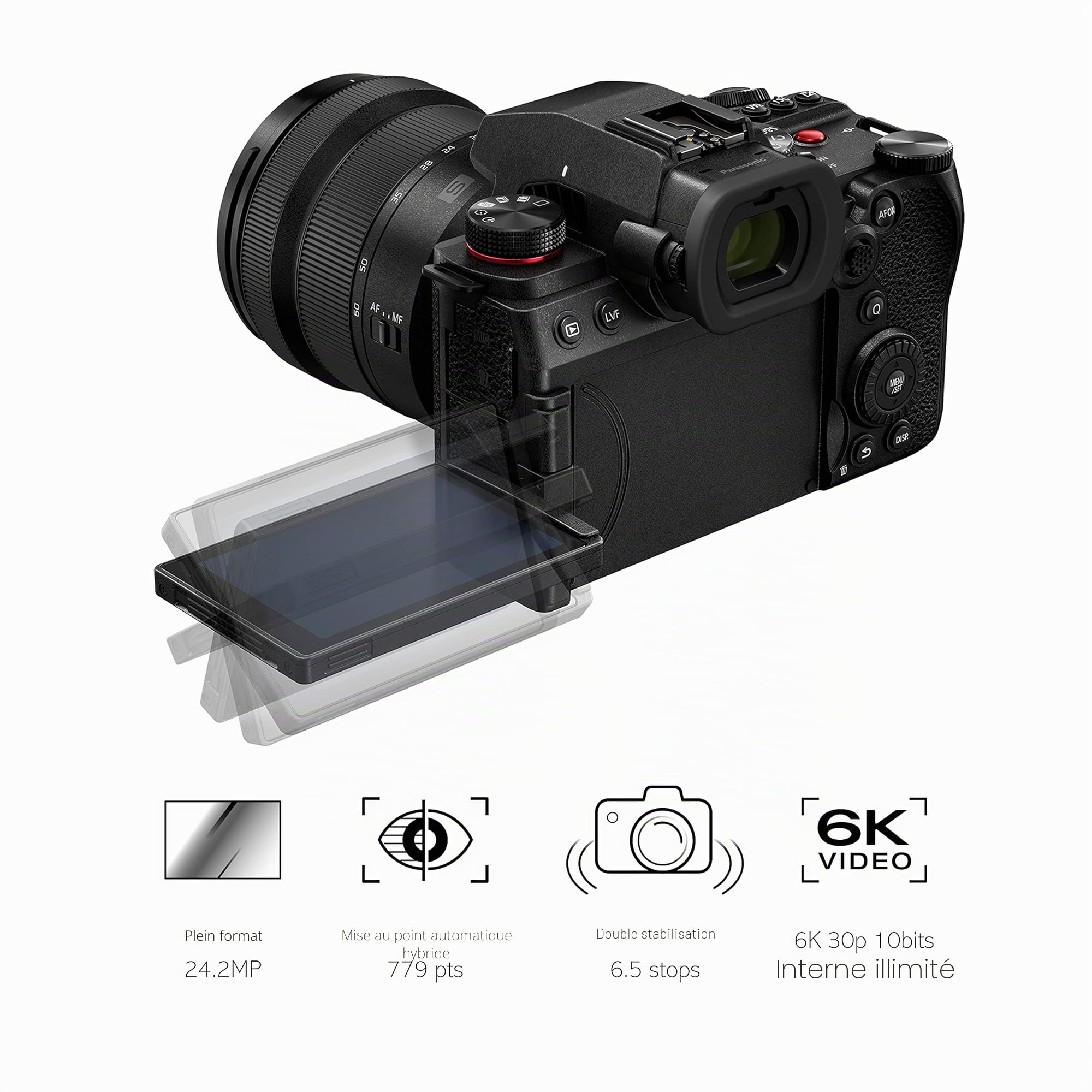 Panasonic Lumix S5M2 - Appareil Photo Hybride Plein Format + Objectif Lumix S 20-60mm F3.5-5.6 (24MP, AF Phase, Double Stab, Vidéo 6K 10bit illimité, Rafale 30ips, Tropicalisé) – Version Française