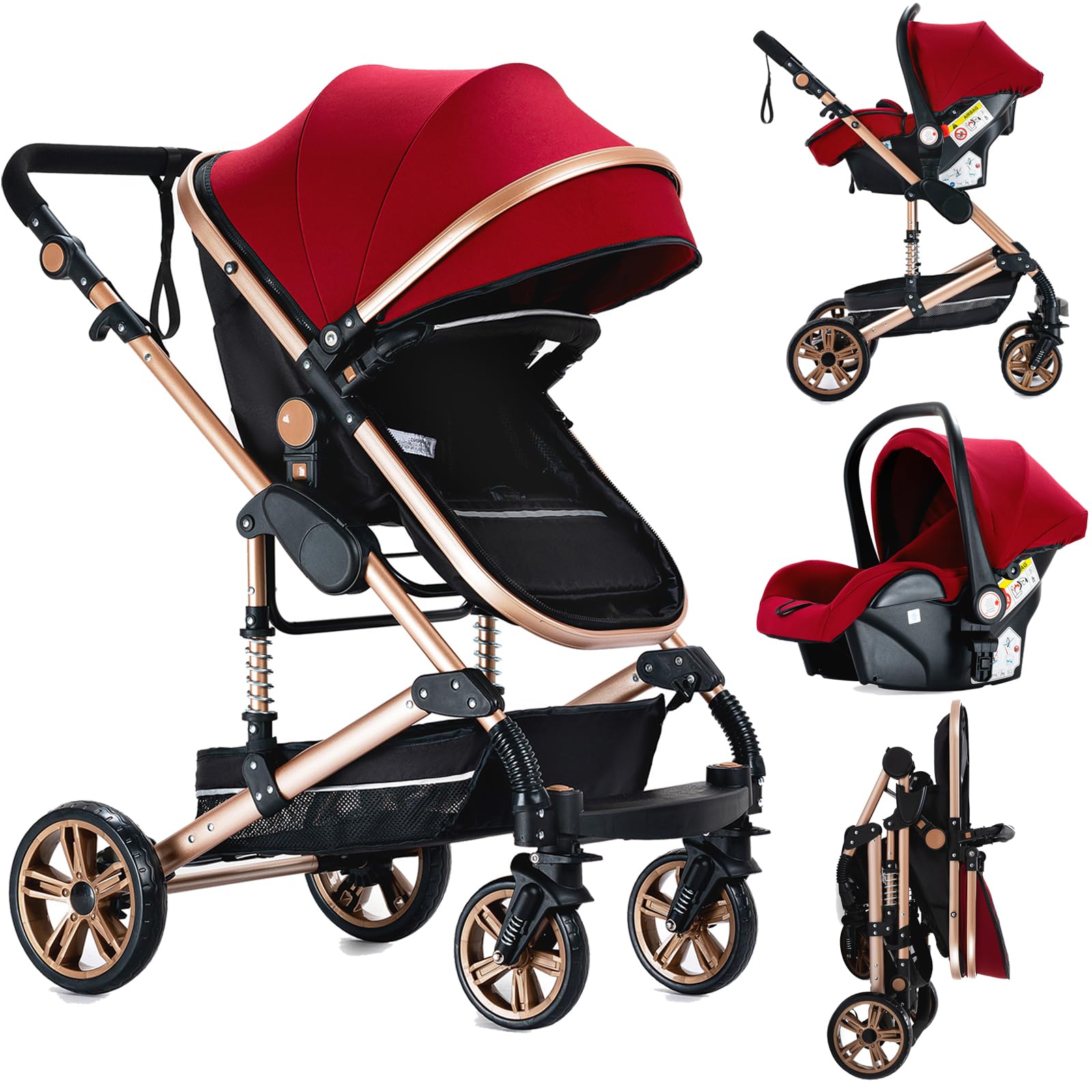 Reenborn Kinderwagen 3 in 1, Buggy mit Ein-Klick-Faltdesign, Kinderwagen mit Zwei Umkehrbaren Schiebemodi, Kombikinderwagen 3 in 1 Komplettset mit Rahmen Aluminiumlegierung (739 Red)