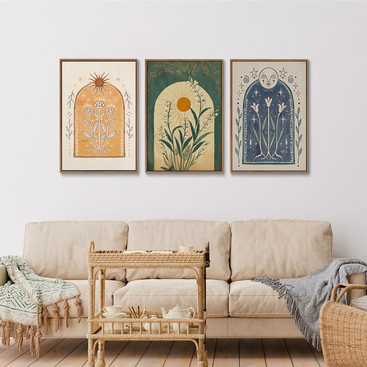 ZZTCYSU Celestial Canvas Wall Art Sun and Moon Framed Wall Art Vintage Tarot Prints Gothic Mystical Astrology Artwork Boho Folk Floral Decor For Living Room Bedroom Bathroom 12"x16"