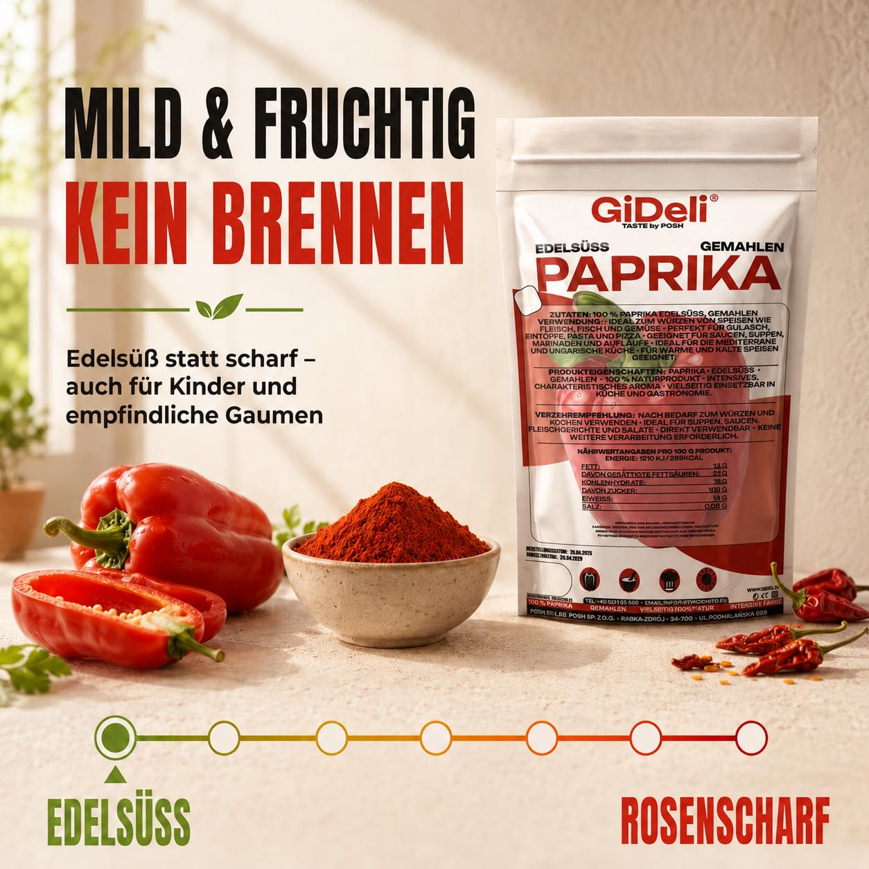 GiDeli Paprika Edelsüß Gemahlen 2x5kg - 100% Paprika ohne Zusätze - Vegan & Glutenfrei - Spanisches Paprikapulver & Pimentón - Mildes Aroma - Rotes Gewürzpulver - Ideal für Gulasch & Pasta
